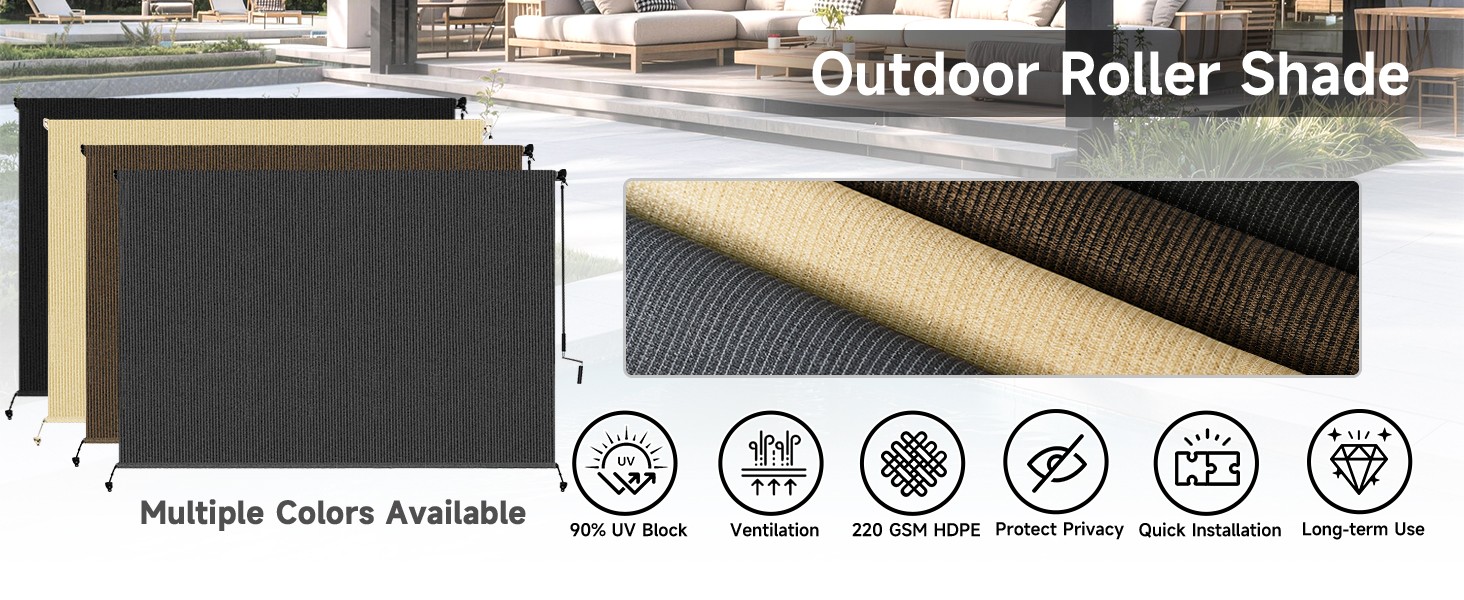 Outdoor Roller Shades for Patio, Mocha 10′ W x 8′ H Cordless Patio Shades Roll