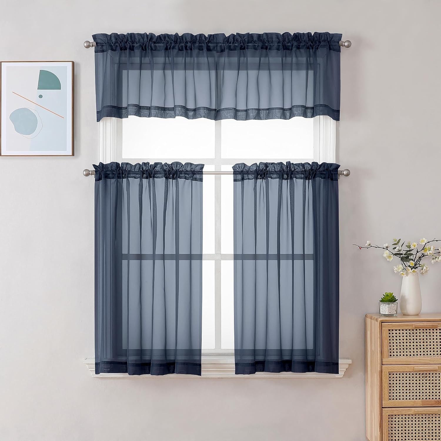 Light Filtering Sheer Window Valances, 42×14 Inches, Navy Blue – Pack of 2