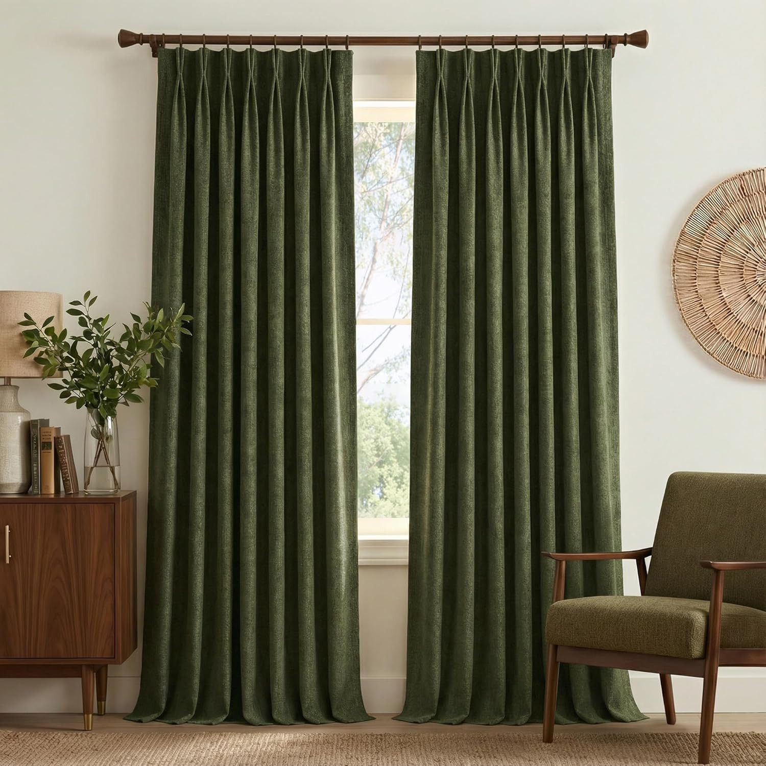 Vintage Olive Green Room Darkening Curtains 90″ Long – 2 Panels