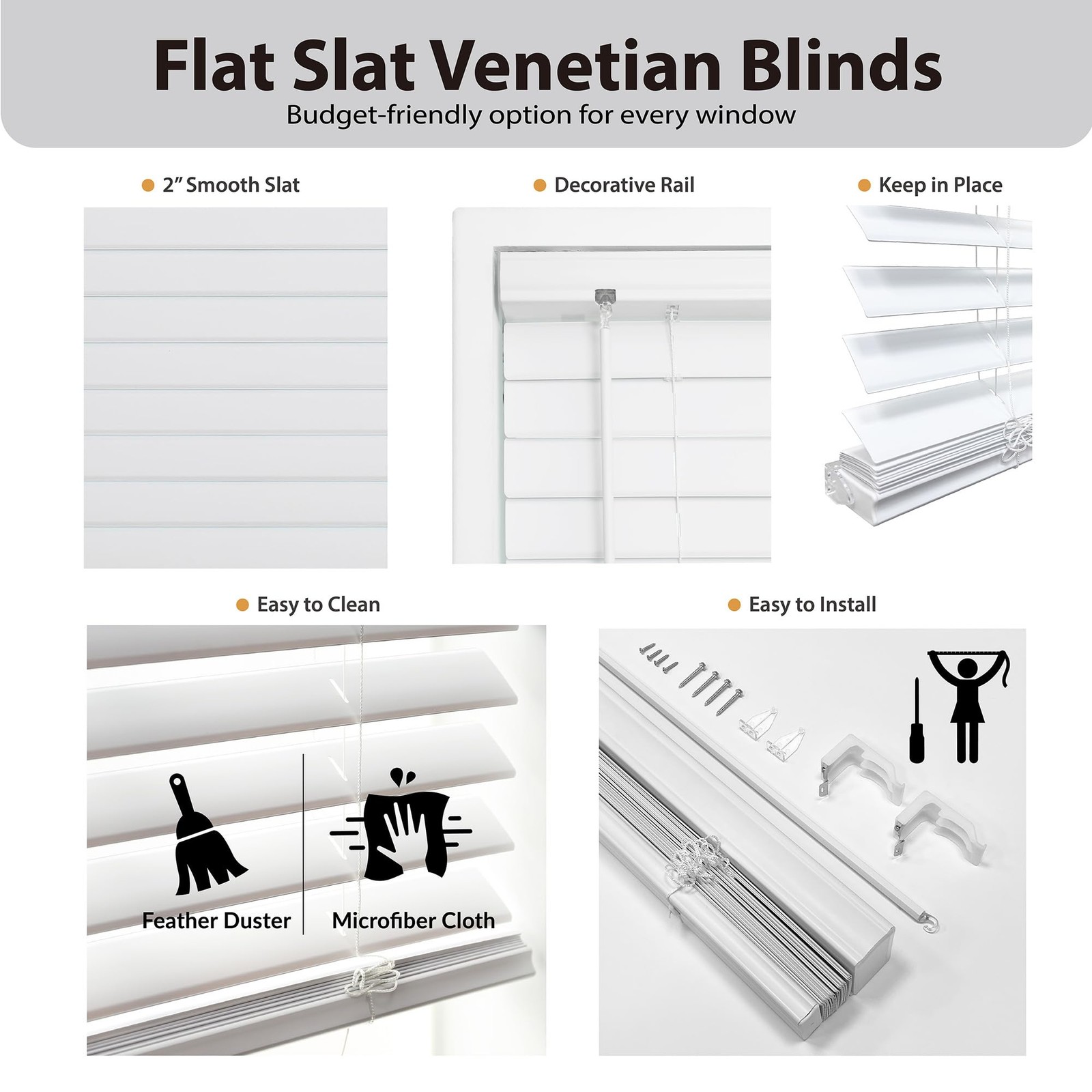2″ Cordless Flat Slat Venetian Blind, 46″ W x 72″ H, White