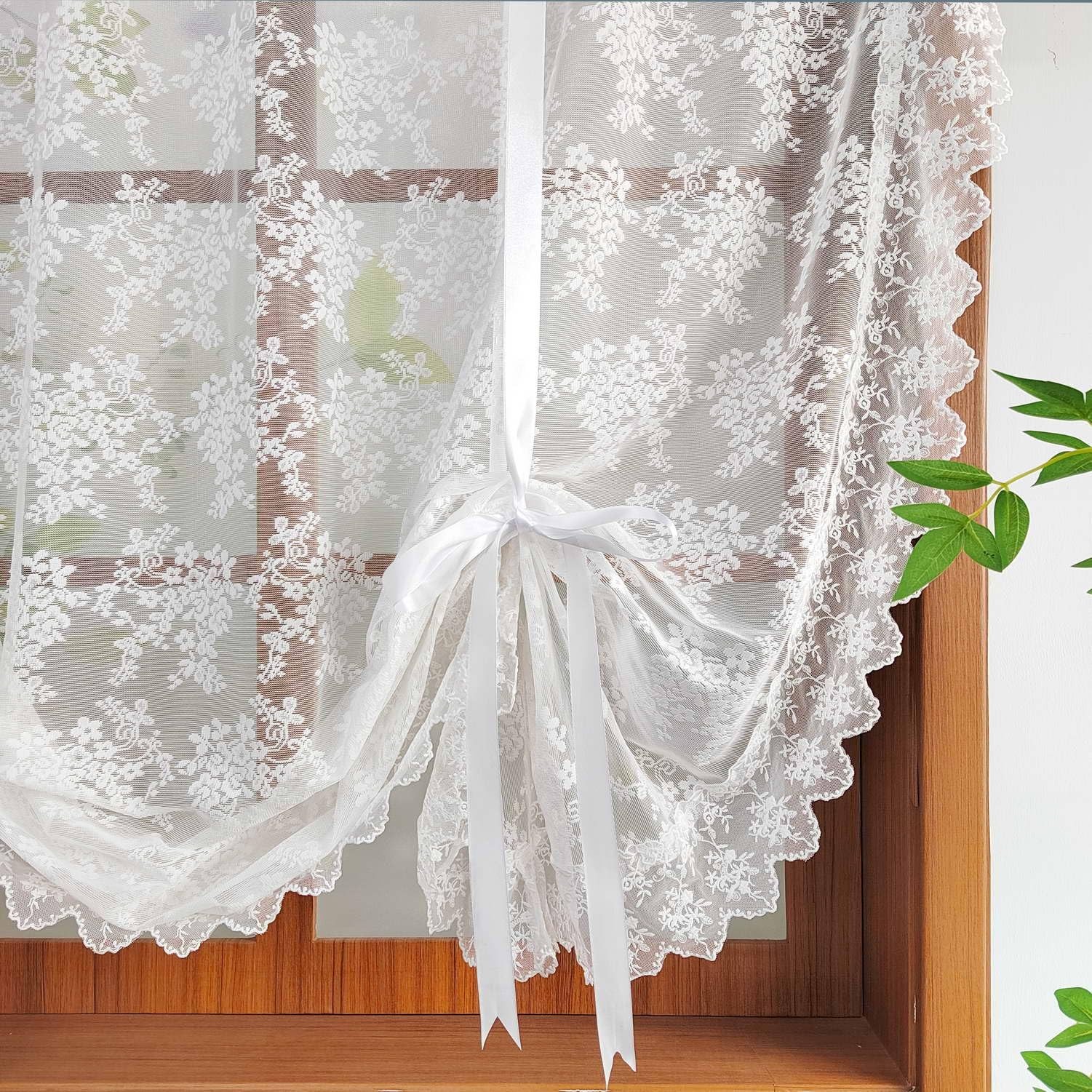 White Floral Lace Tie Up Curtain, Adjustable Lift Balloon Window Shade