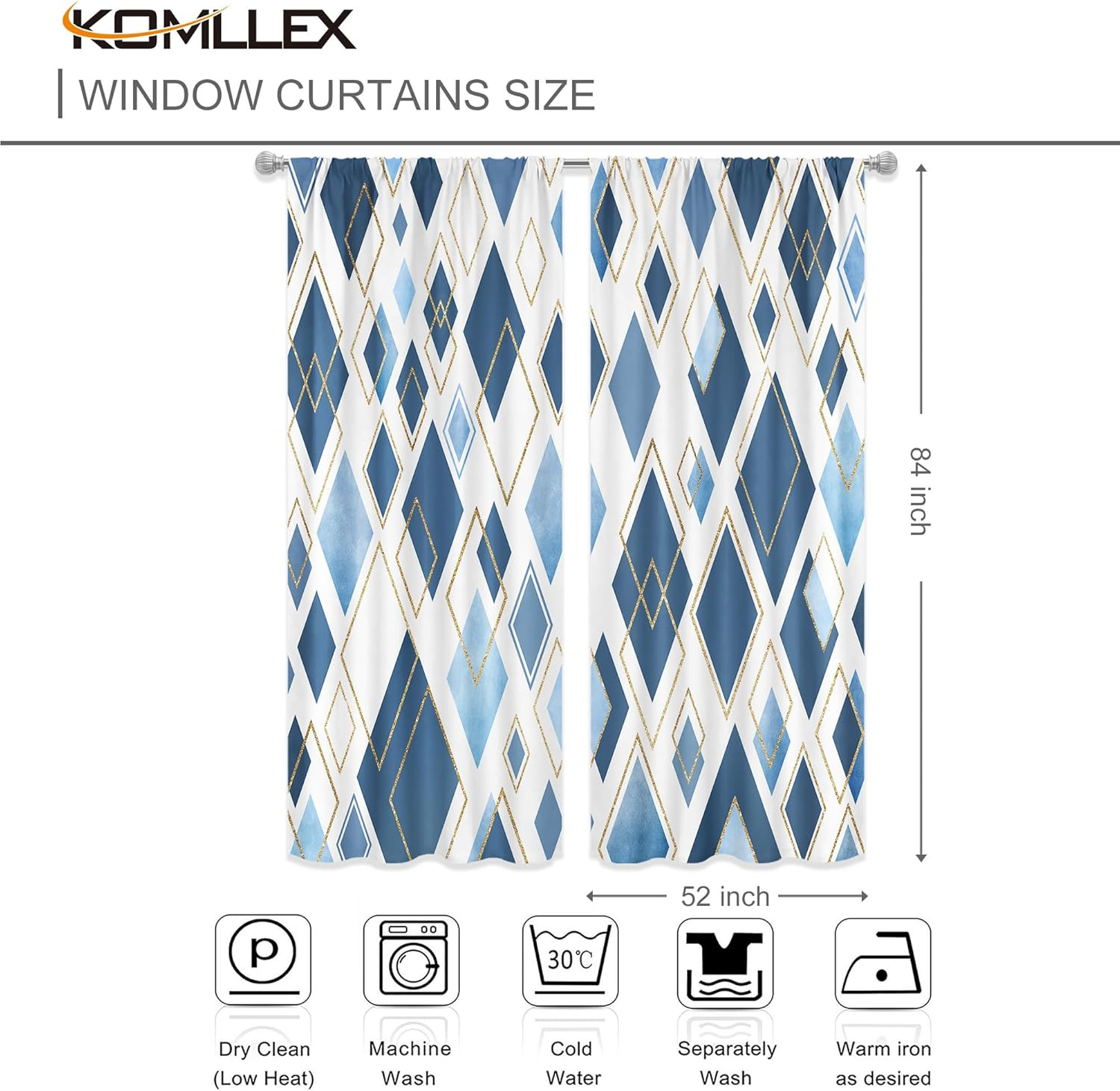 Abstract Blue Geometry Curtains 52Wx84H Inch Rod Pocket Modern Minimalist Geomet