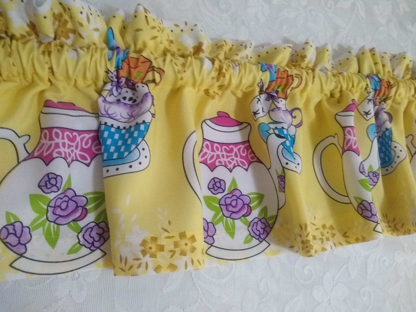 Teapot Kitchen Valance 12″ & 14″ Teacup Prints Teatime Lined Kitchen Valance