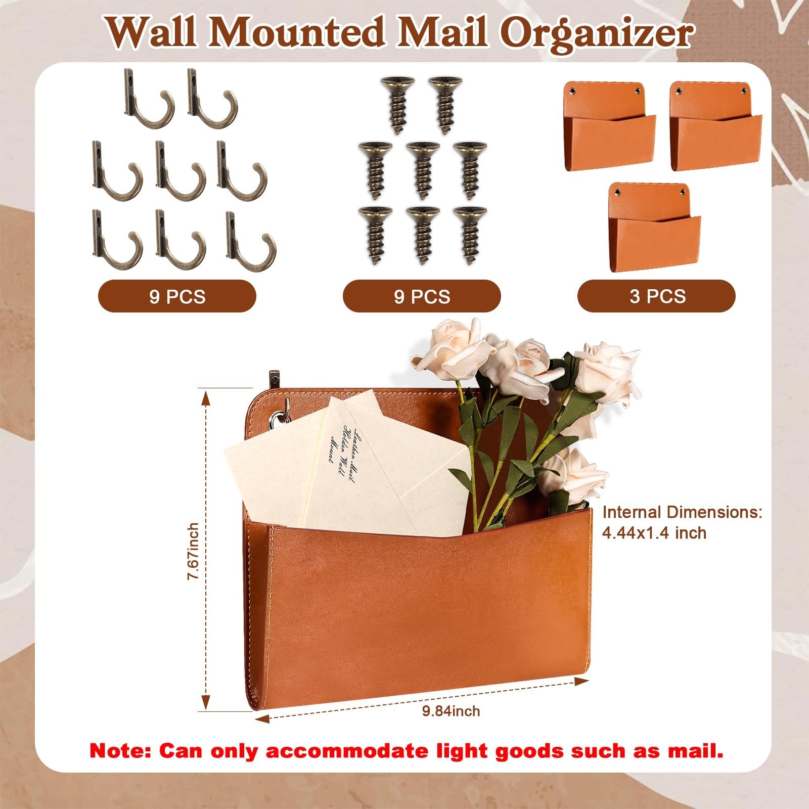 3 Pcs PU Leather Mail Holder Wall Mount Brown PU Leather Letter Holder Vintag…