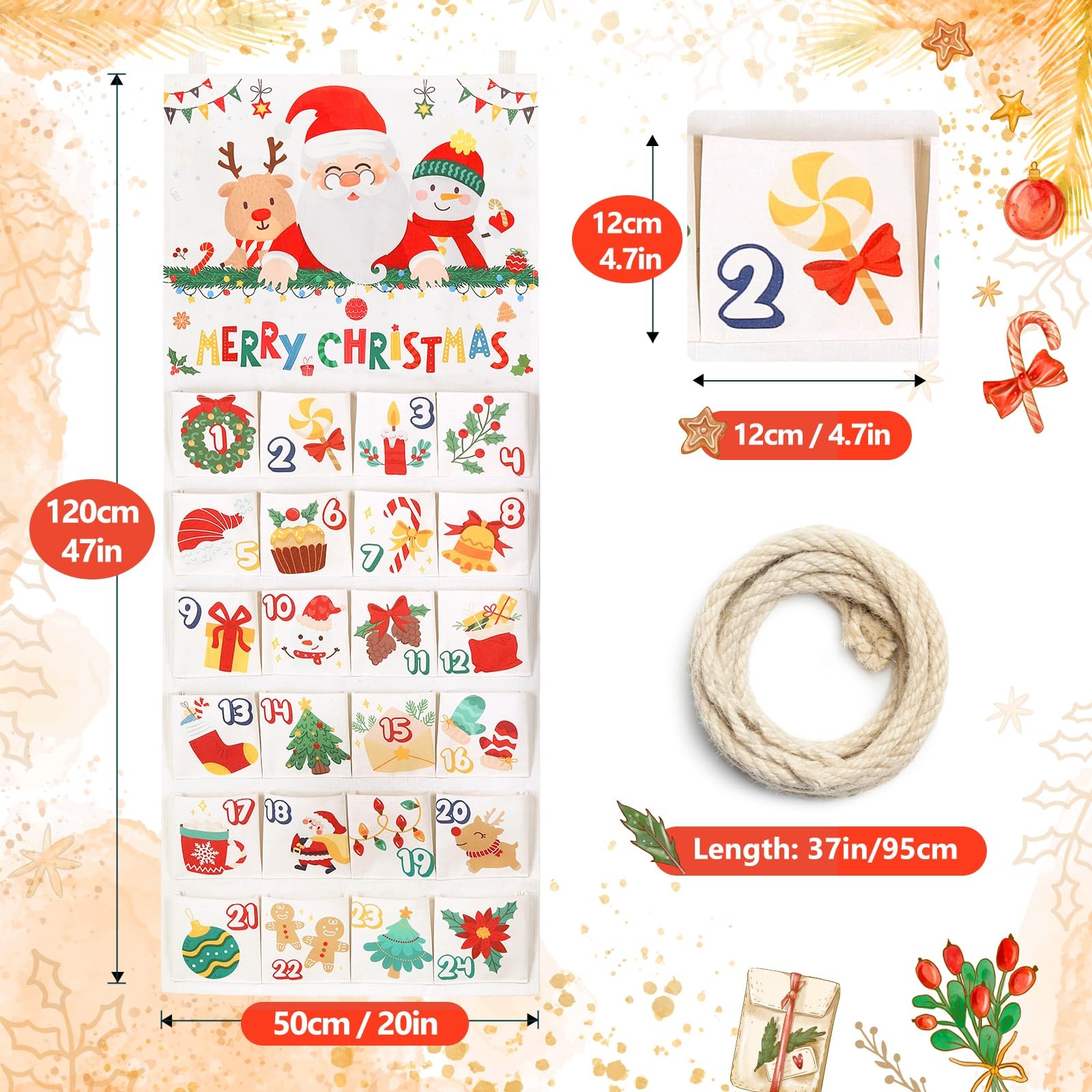 Advent Calendar 2025 with 24 Pockets – 20×47 in Christmas Hanging Countdown A…