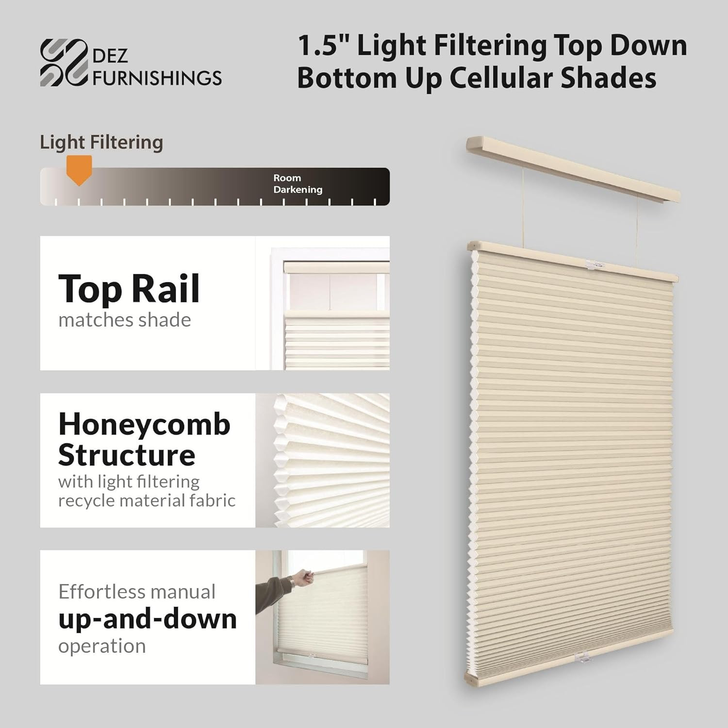 Ivory Cordless Light Filtering Cellular Shade 46″W x 72″H