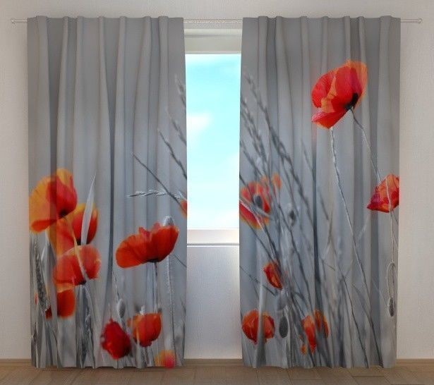 Curtain Wild Poppies Wellmira Custom Made Window Printed 3D Floral Motif Drapes