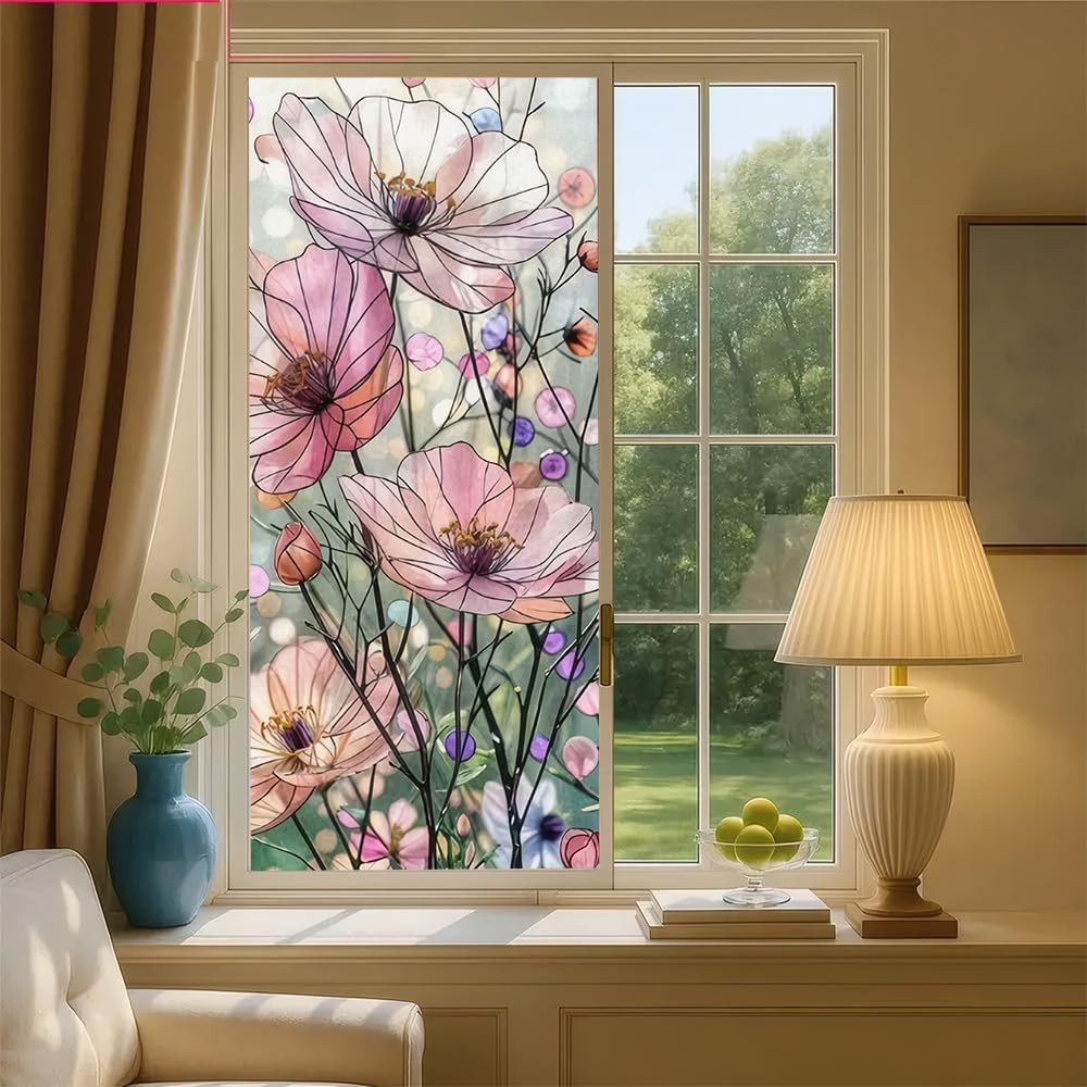 Decorative Stained Glass Window Film Pink Cosmos Wildflower Privacy Window Cl…