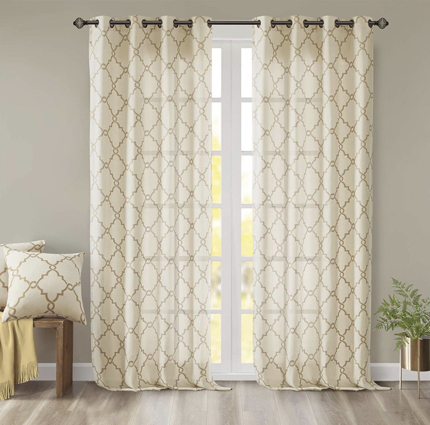 Madison Park Saratoga Window Curtain Panel Grommet Top Drapes, 50×108,Beige/Gold