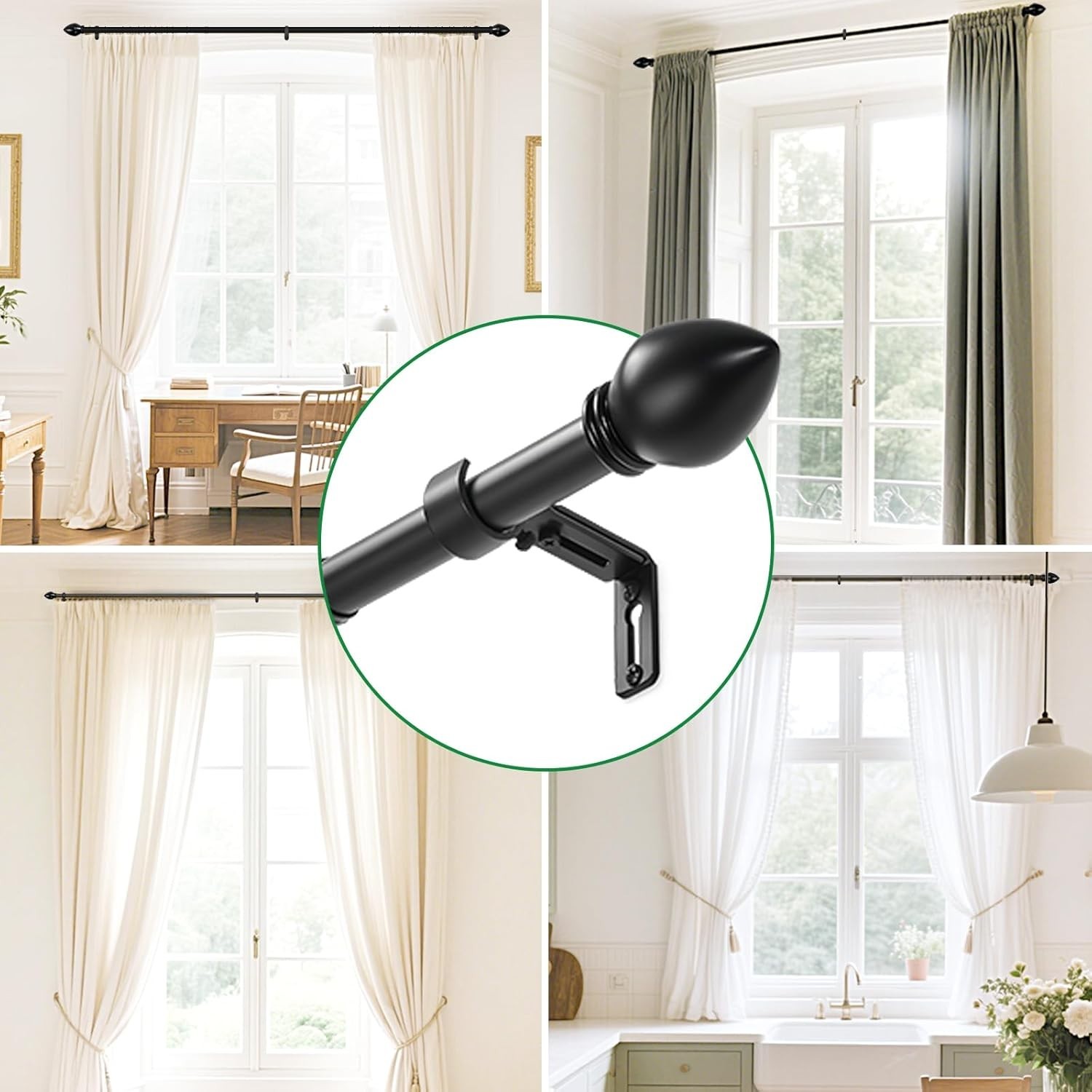 LLPJS Curtain Rods for Windows 16 to 136 inches, Black-with Modern Knobs