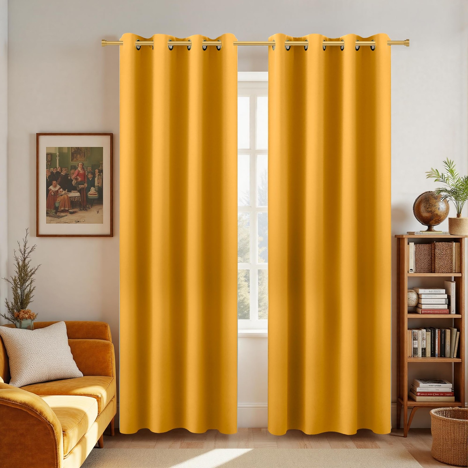 Yellow Blackout Mid Century Modern Curtains, Retro Boho 84″ Long, 2 Panels Set