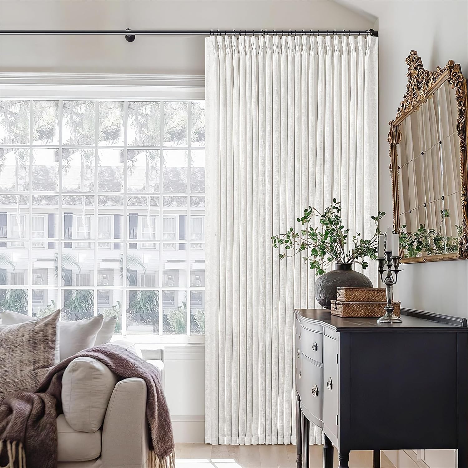 Pinch Pleated Linen Curtains 96 Inch Light Filtering Drapes 2 Panels Neutral