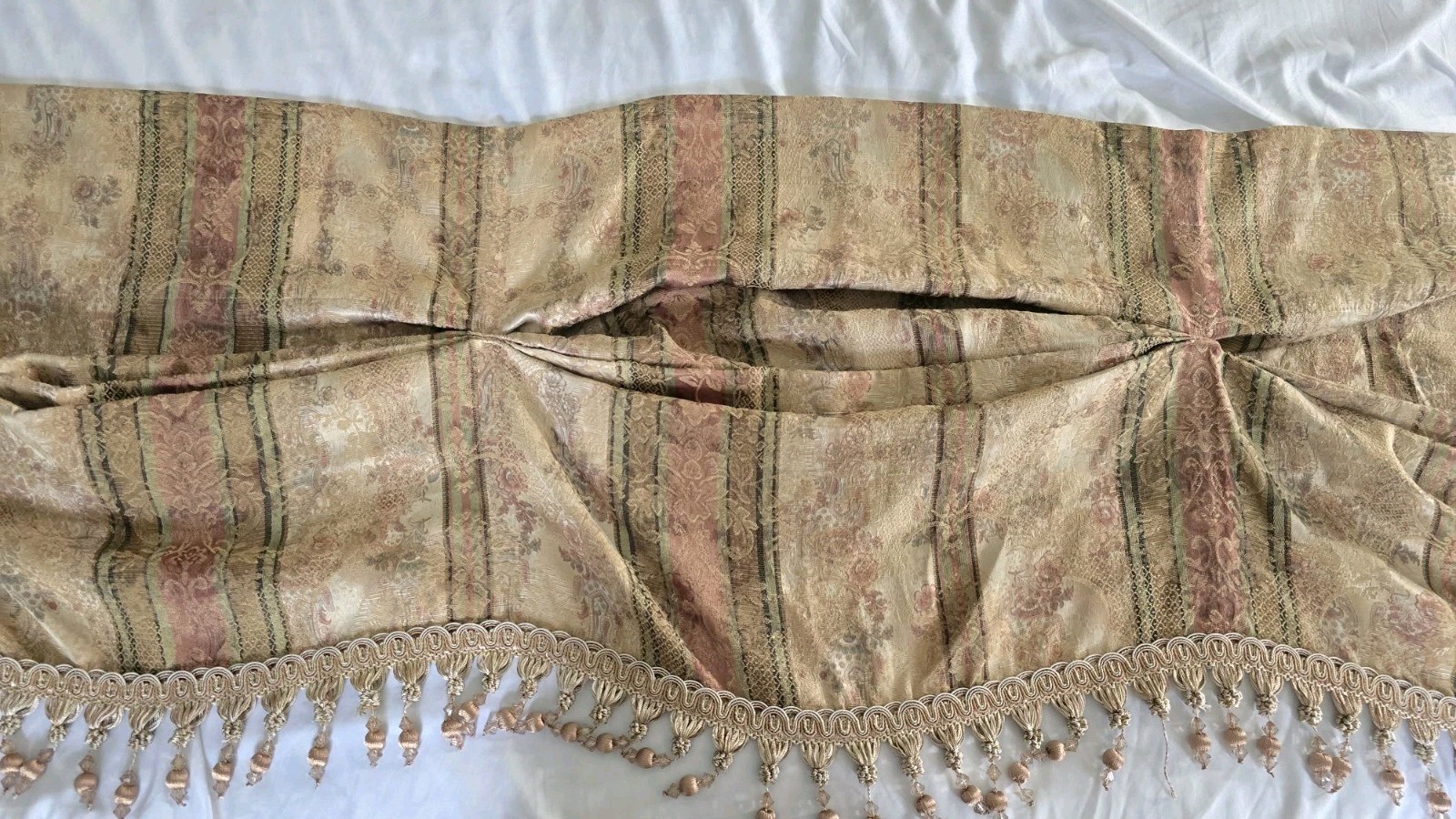 Croscil Beaded Window Valance 2 Panels Waterfall Scalloped 82×17 Damask Brocade
