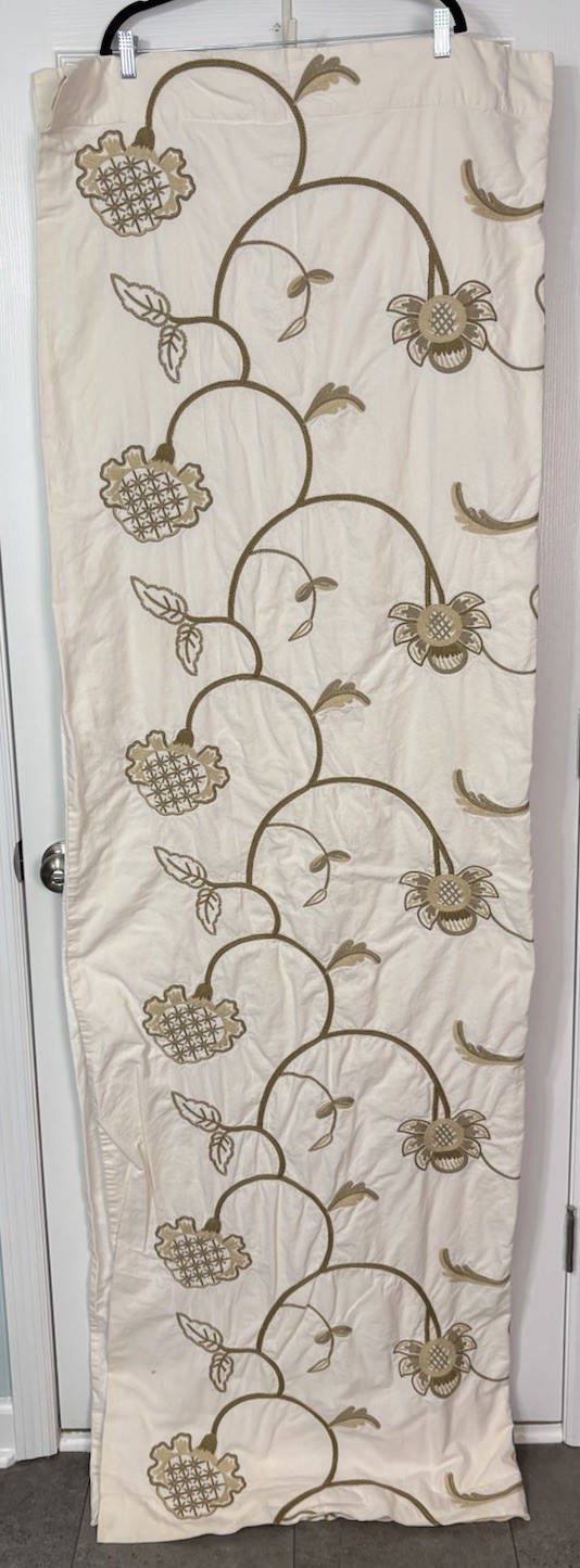 Pottery Barn Single Drapery Panel Ivory Beige Floral Embroidery 50”x84” Upcycle