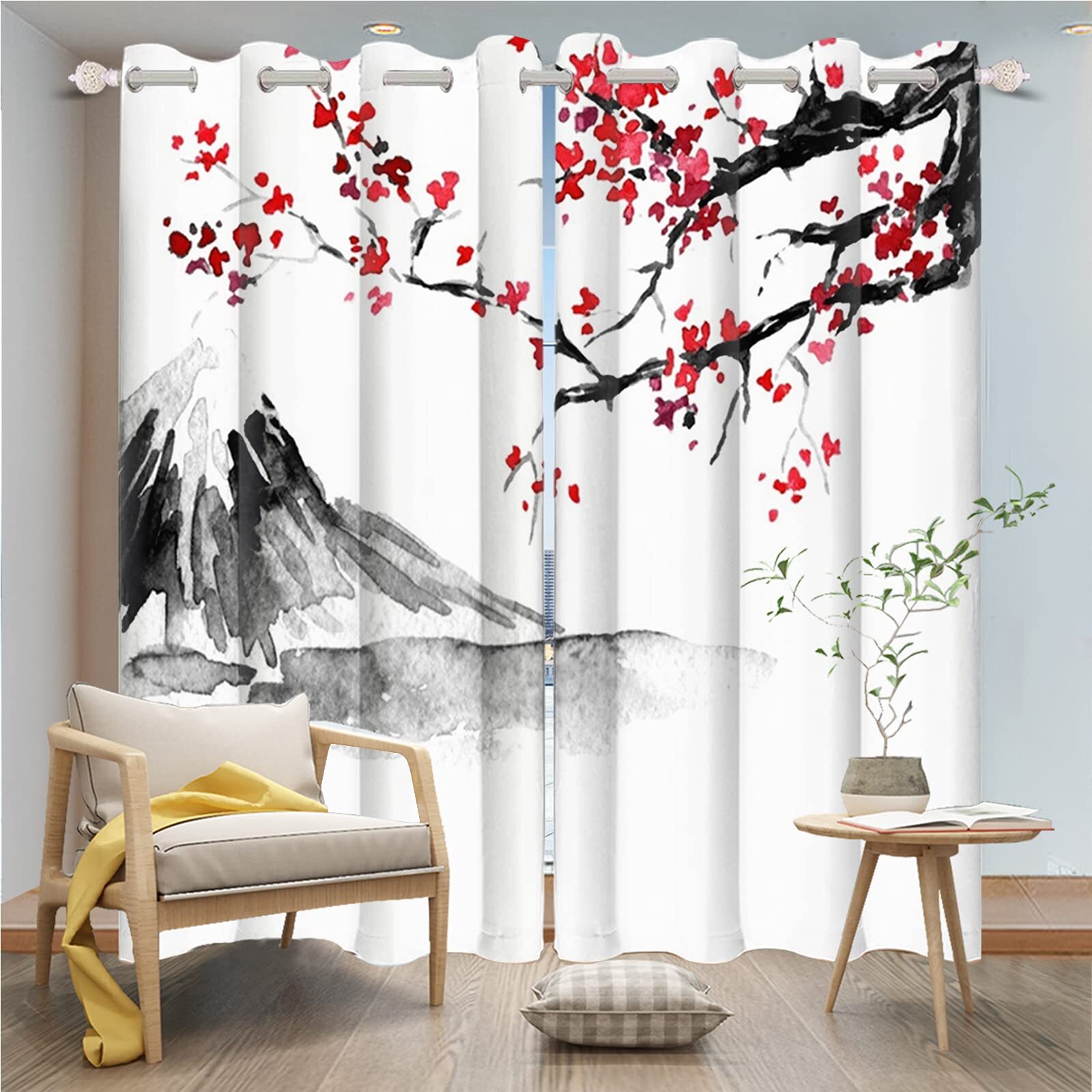Red Plum Blossom Window Curtains Oriental Asian Chinese Traditional Ink Painting