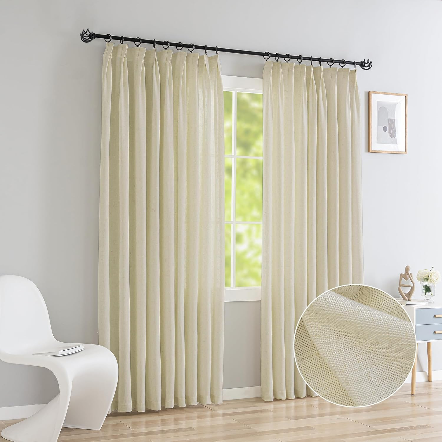 Extra Wide Pinch Pleated Drapes Curtains, Faux Linen Light Filtering Window Curt