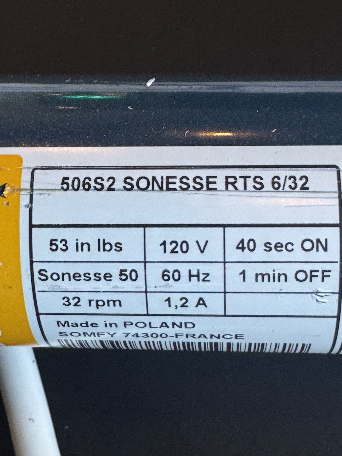 Somfy 506S2 Sonesse 6/32 120V, 32rpm Wired Motor 6Ft Cord