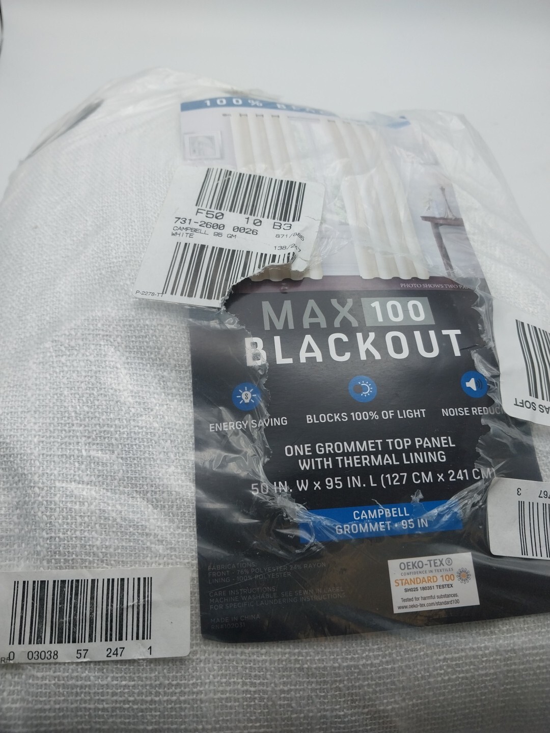 Max 100 Blackout Grommet Panel Curtain White Campbell 50in x 95in Thermal Linin