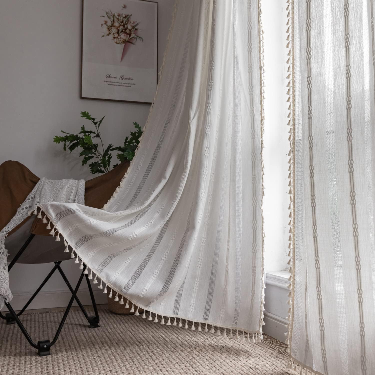 Bohemian-style embroidered linen curtains, 96 inches long, 2 panels,