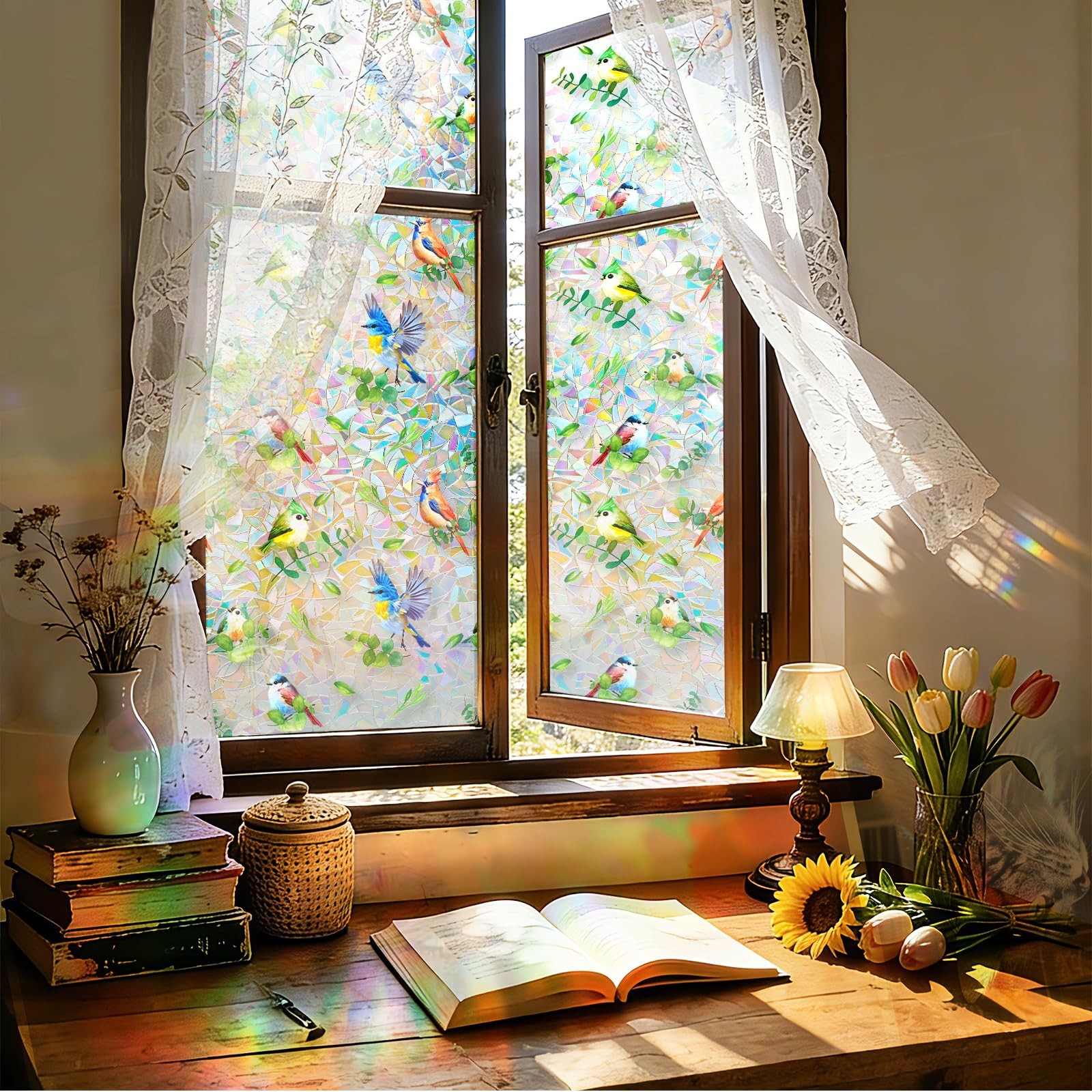 Stained Glass Privacy Window Film 3D Rainbow Bird & Leaf Window Privacy Film …