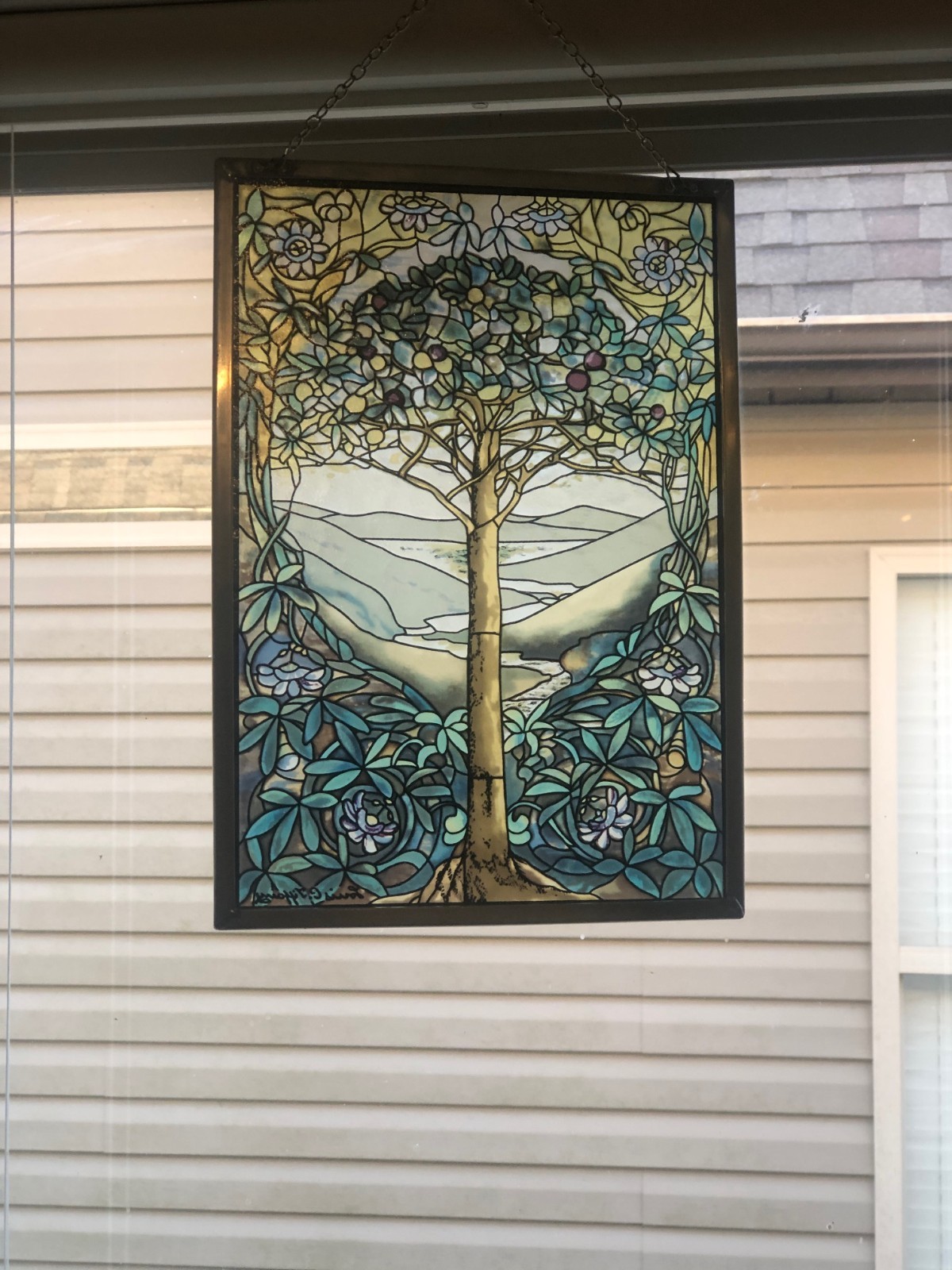 RARE Tree 9.5 X 13.5 Tiffany Style Stained Glass LOOK hanging chain silver frame