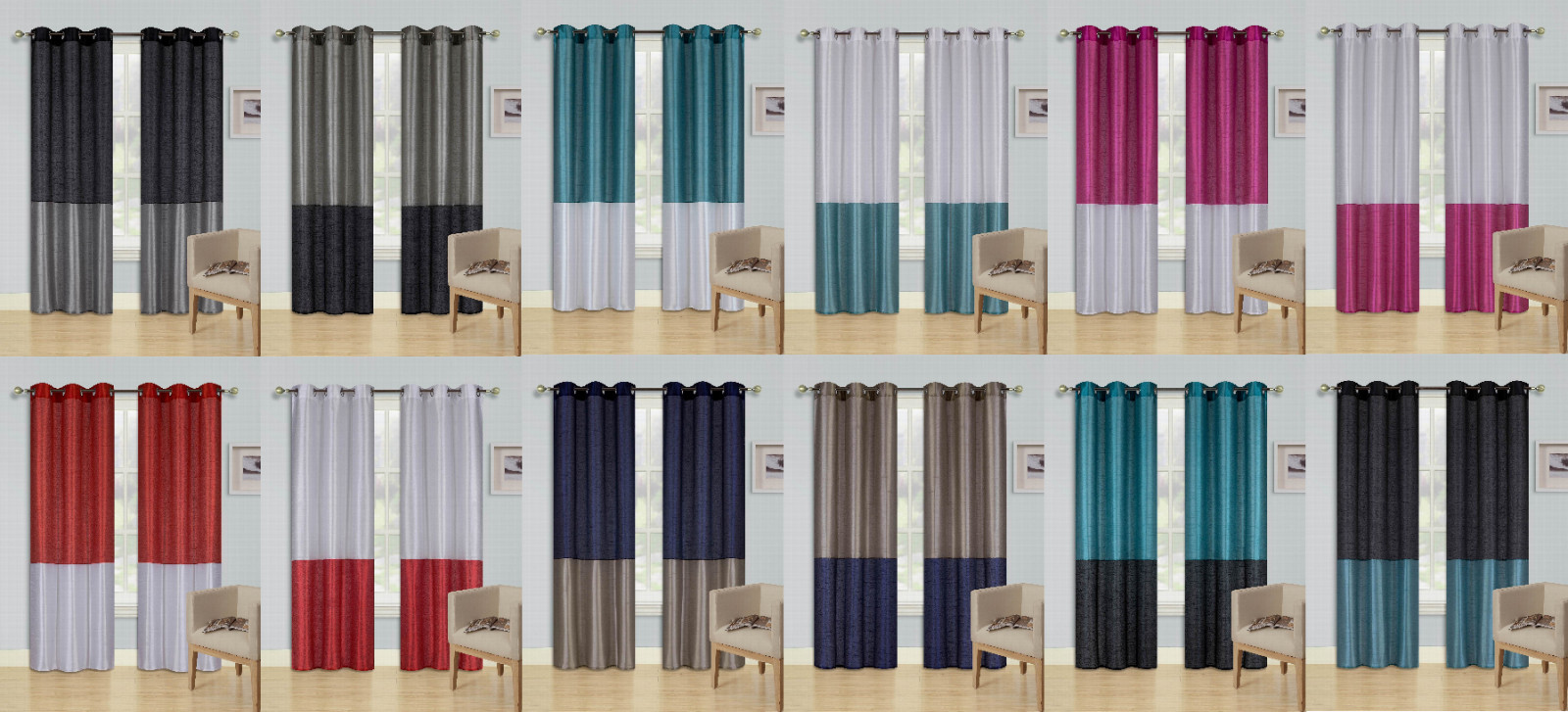 1 SET 2 TONE SILKY GROMMET WINDOW CURTAIN LINED BLACKOUT PANEL DRAPE NEW (EID)