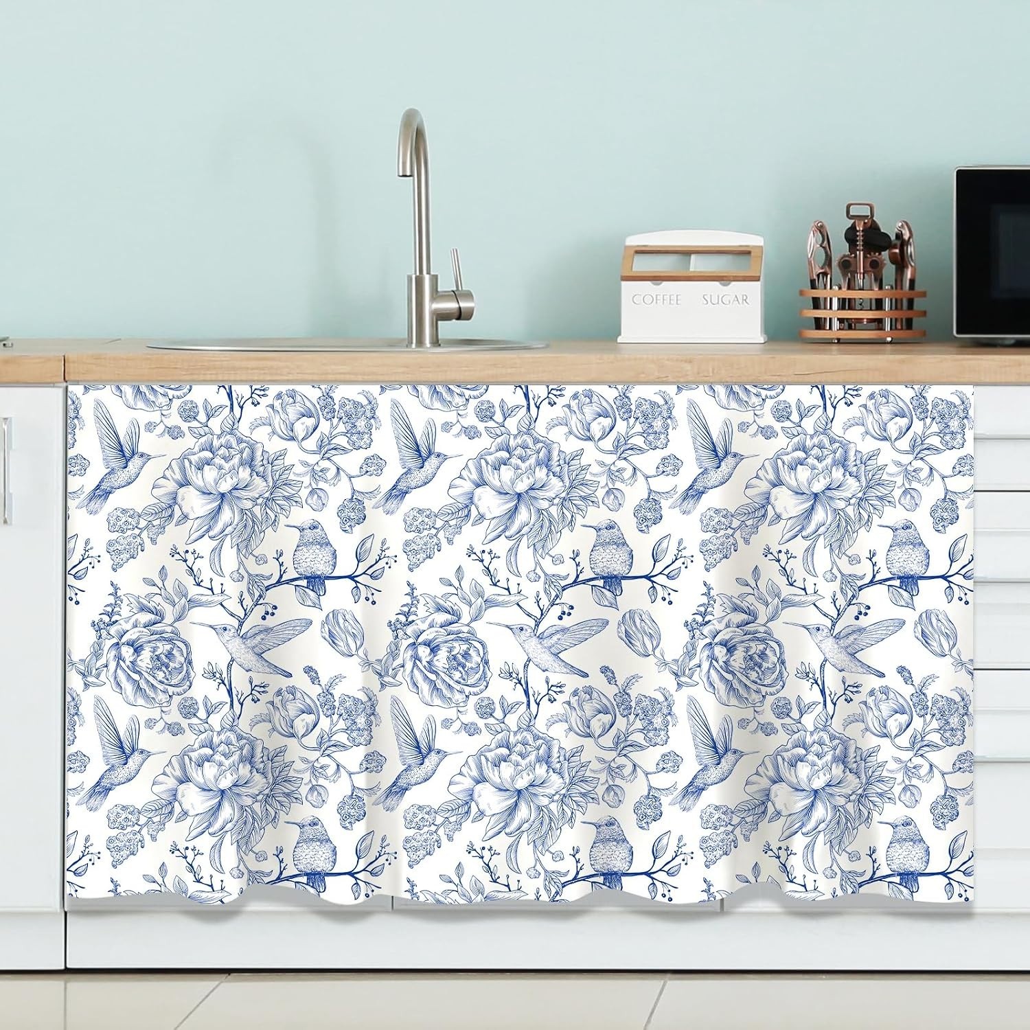 Sophisticated Blue Floral Cabinet Curtain – Easy Install & Washable – 28 x 51 in