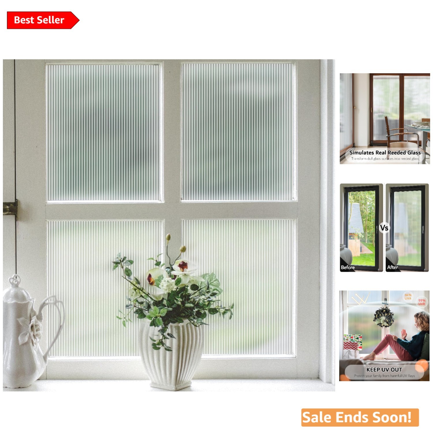 Elegant Reeded Glass Window Privacy Film – Non-Adhesive, UV Protection 23.6×78.7