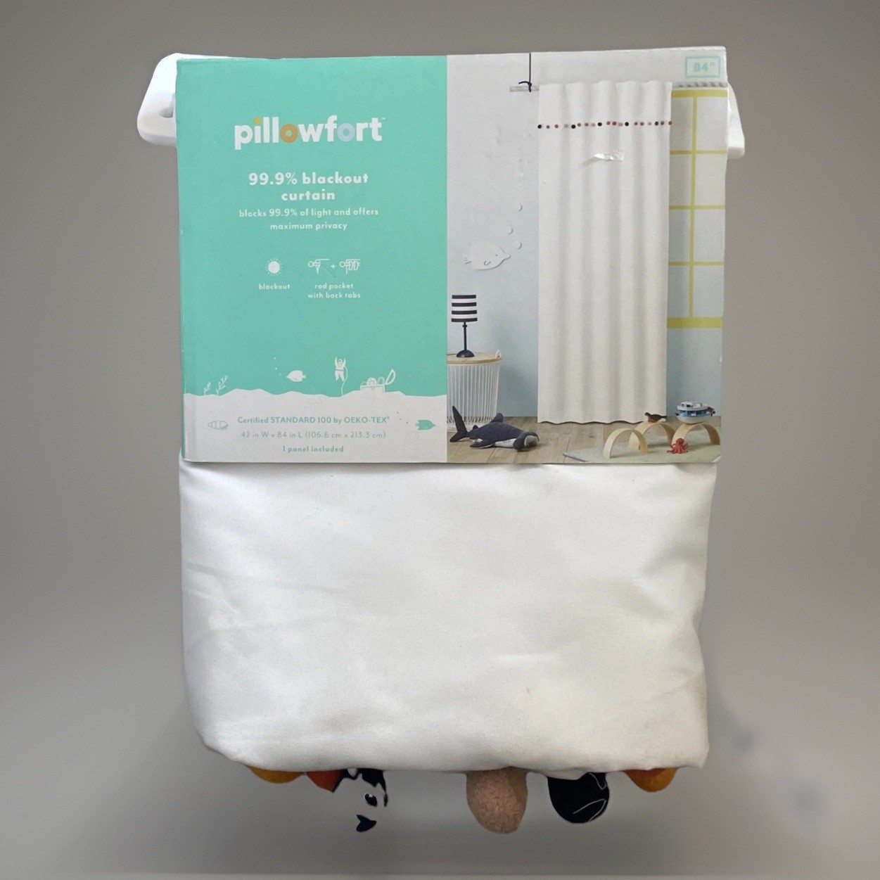 Pillowfort Curtain White With Multi Colored Pom Poms Blackout 1 Panel 42X84 NWT