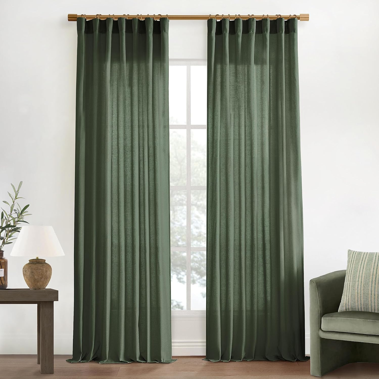 Olive Green Linen Curtains 90 Inches Long for Living Room 2 Panels Set,Back Tab