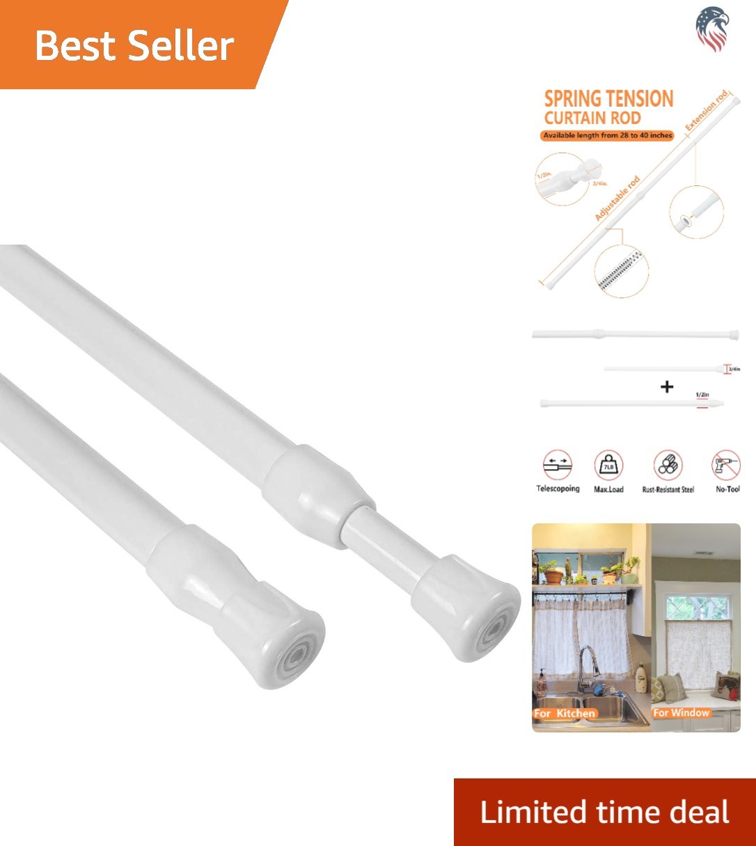 Adjustable Tension Curtain Rods 28-40 Inch White Alloy Steel 2 Pcs