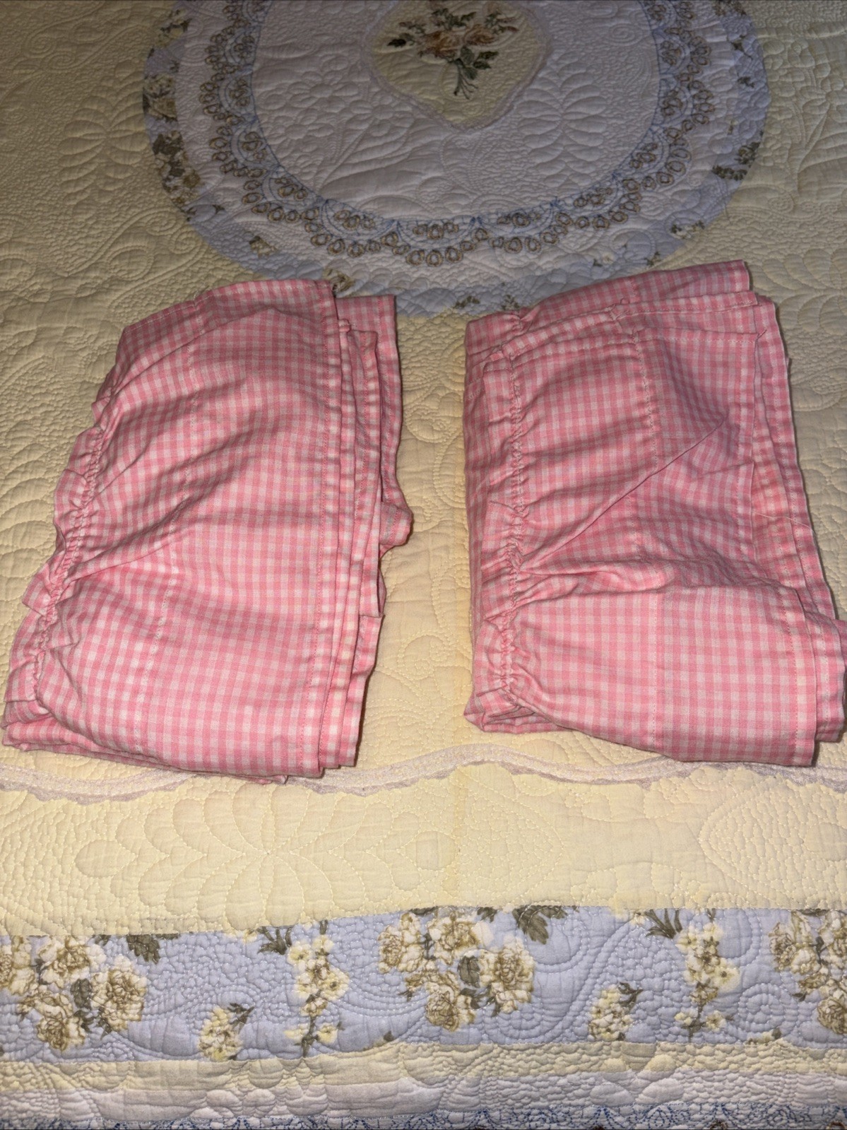 Set Pastel Pink Gingham Checked Curtains, Pretty Ruffle 70×46, Read Description