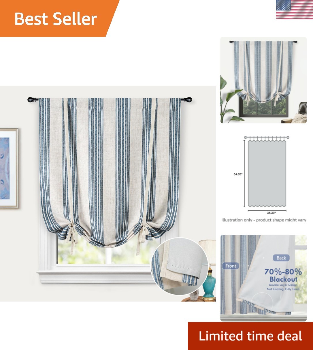 Chris Double Layer Blackout Tie Up Curtains Thermal Insulated Fully Lined Ver…