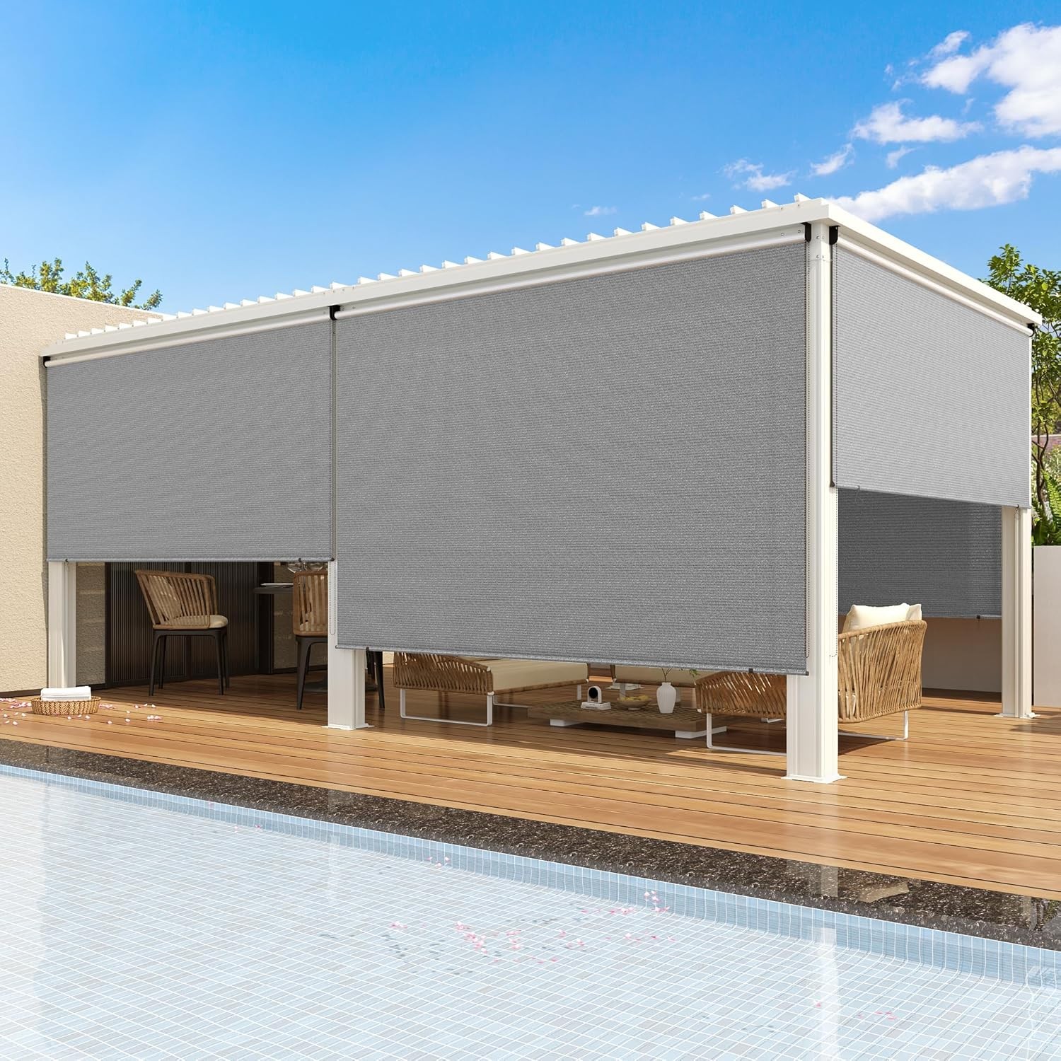 Outdoor Roller Shade 99% UV Protection HDPE Fabric Cordless Privacy Screen Patio