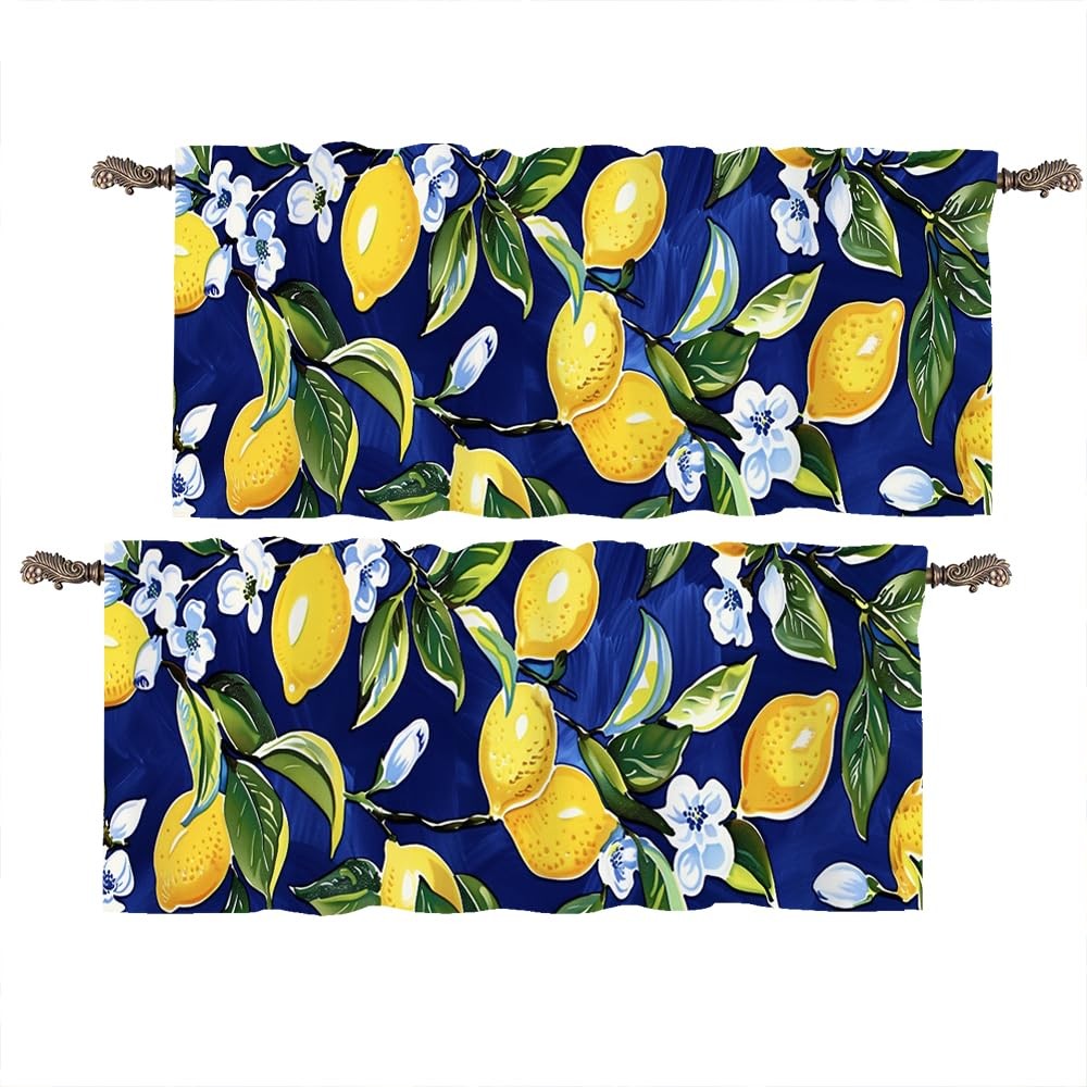 2 Panel Blue Floral Yellow Lemon Window Valances, Nature Food Fruit Window Tr…