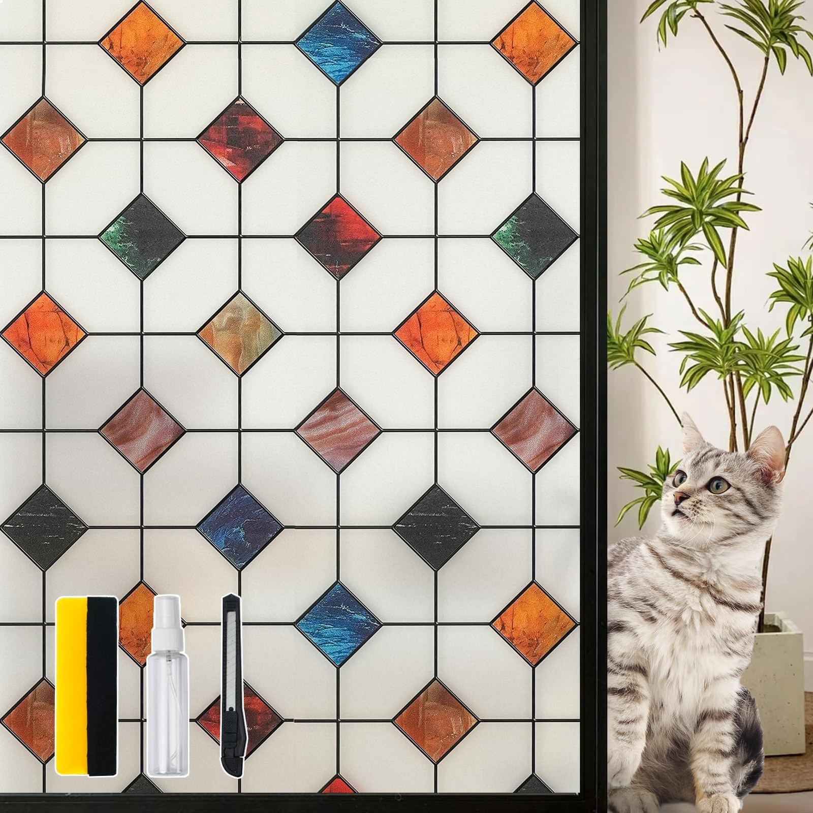 Geometric Stained Glass Window Film 17.7 x 78.7 Inch