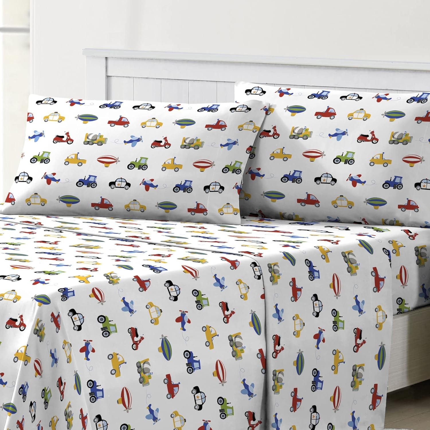 Dream Factory Kids Sheet Set Lightweight Full, Blue Trucks Tractors Cars