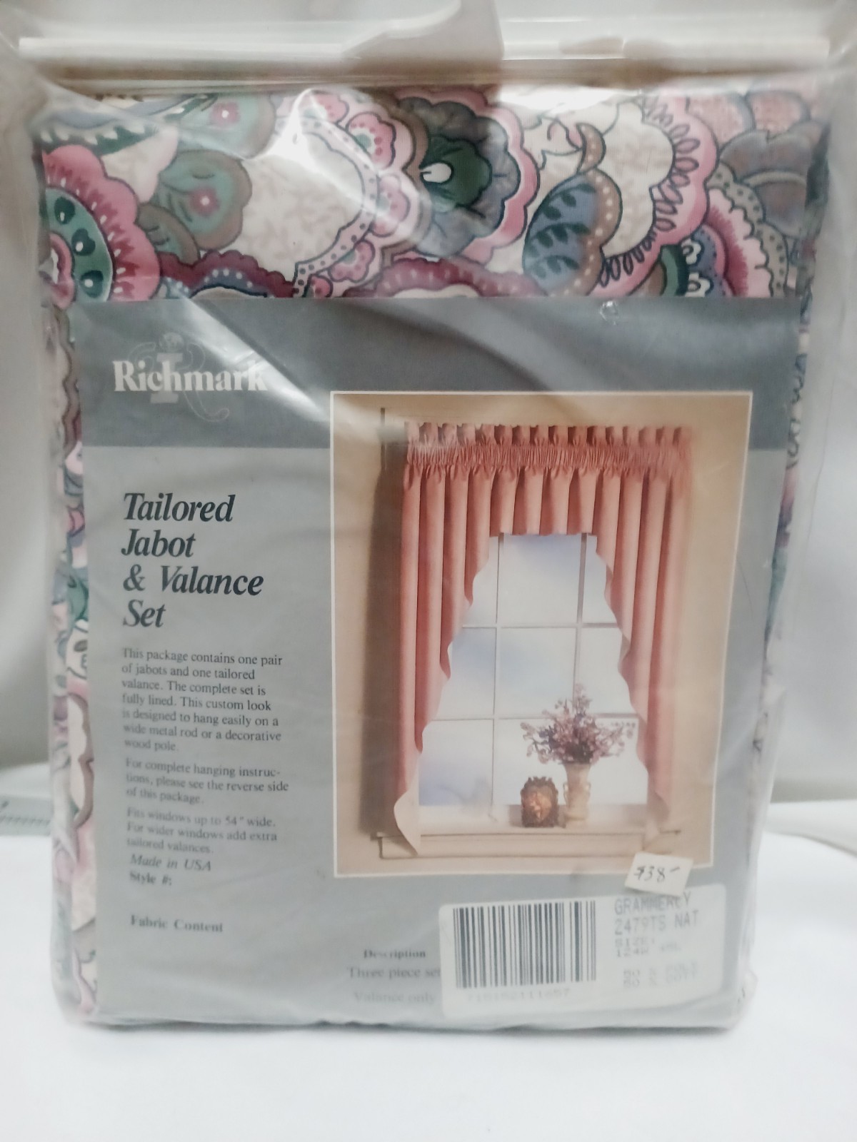 Vintage RICHMARK Lined Jabot Valance 3 pc Set 124×36 Paisley Green Floral NOS