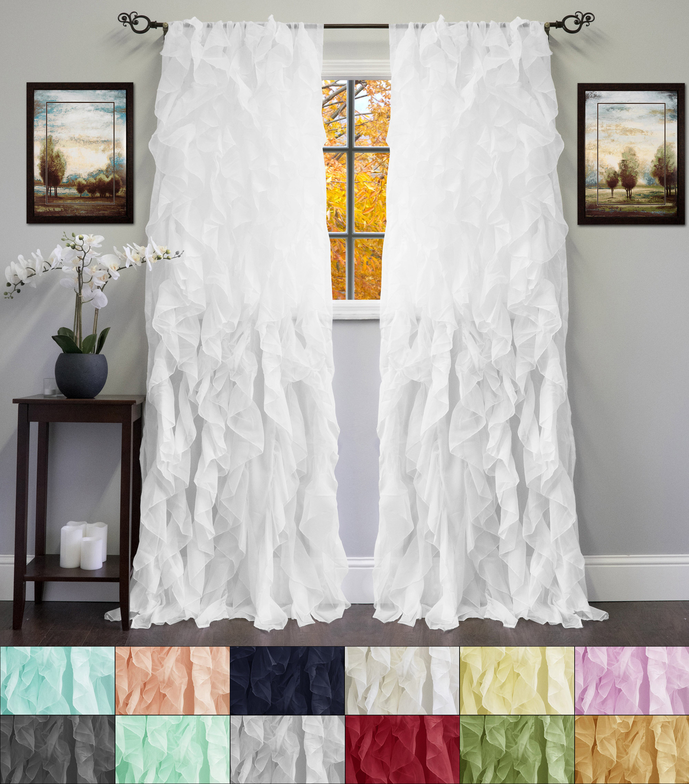 Chic Sheer Voile Vertical Ruffled Tier Window Curtain Panel 96″ x 50″