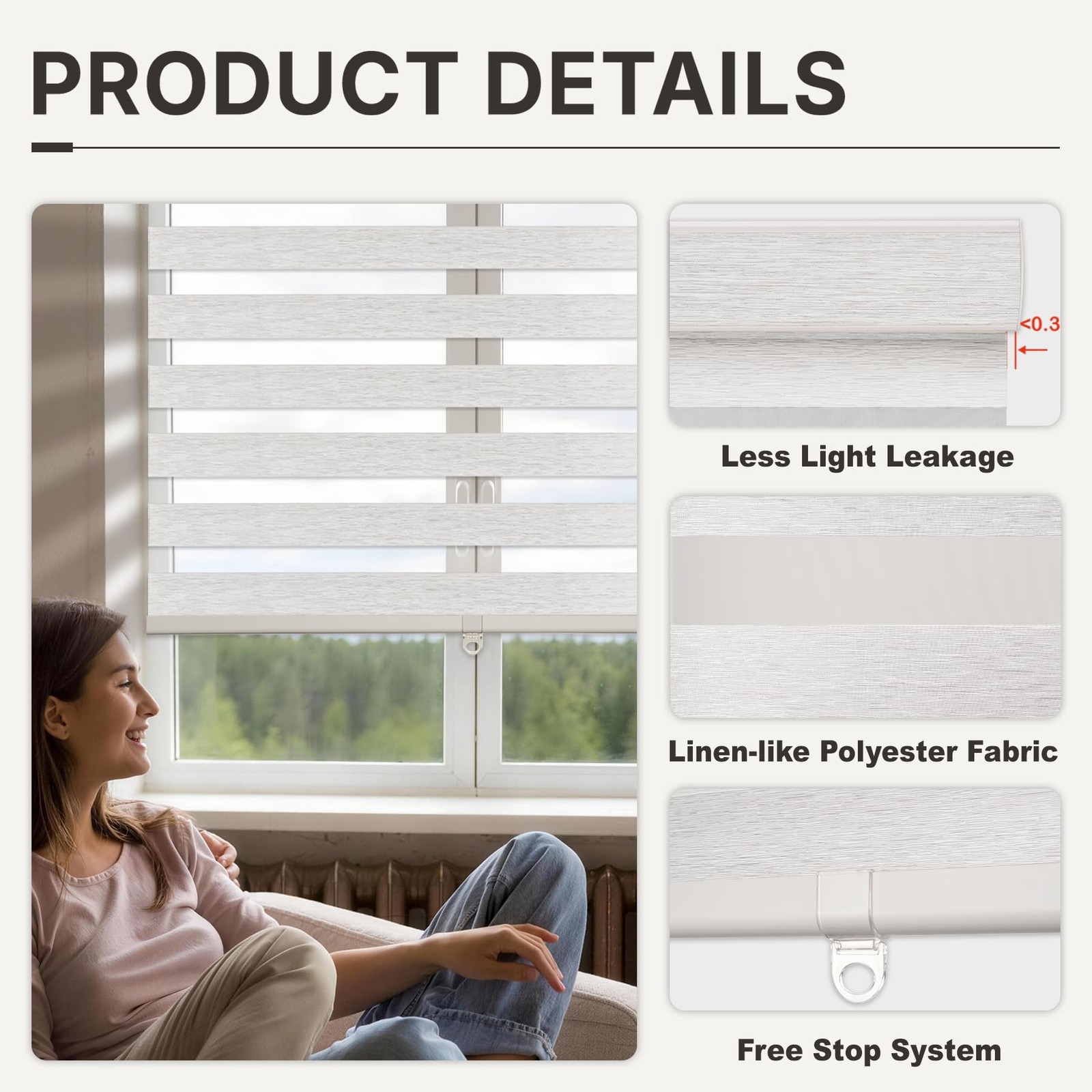 Cordless Light Filtering Zebra Blinds, White, 34″ W x 54″ H