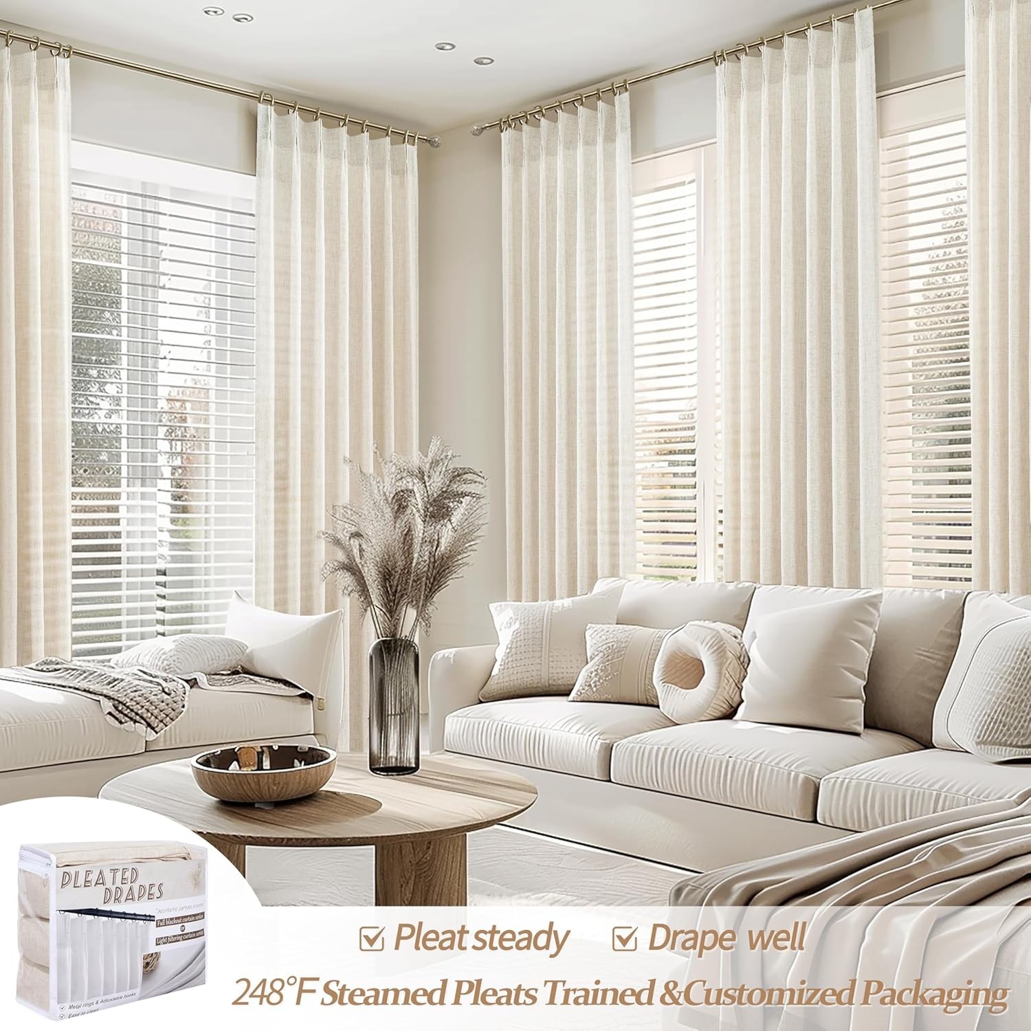 Pinch Pleated Linen Curtains 96 Inches Long for Living Room Bedroom, Light Fi…