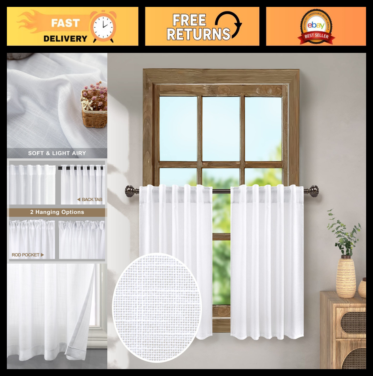 White Linen Textured Kitchen Curtains – 24″ Tier Cafe Curtains, 2 Pcs, Sheer Sho