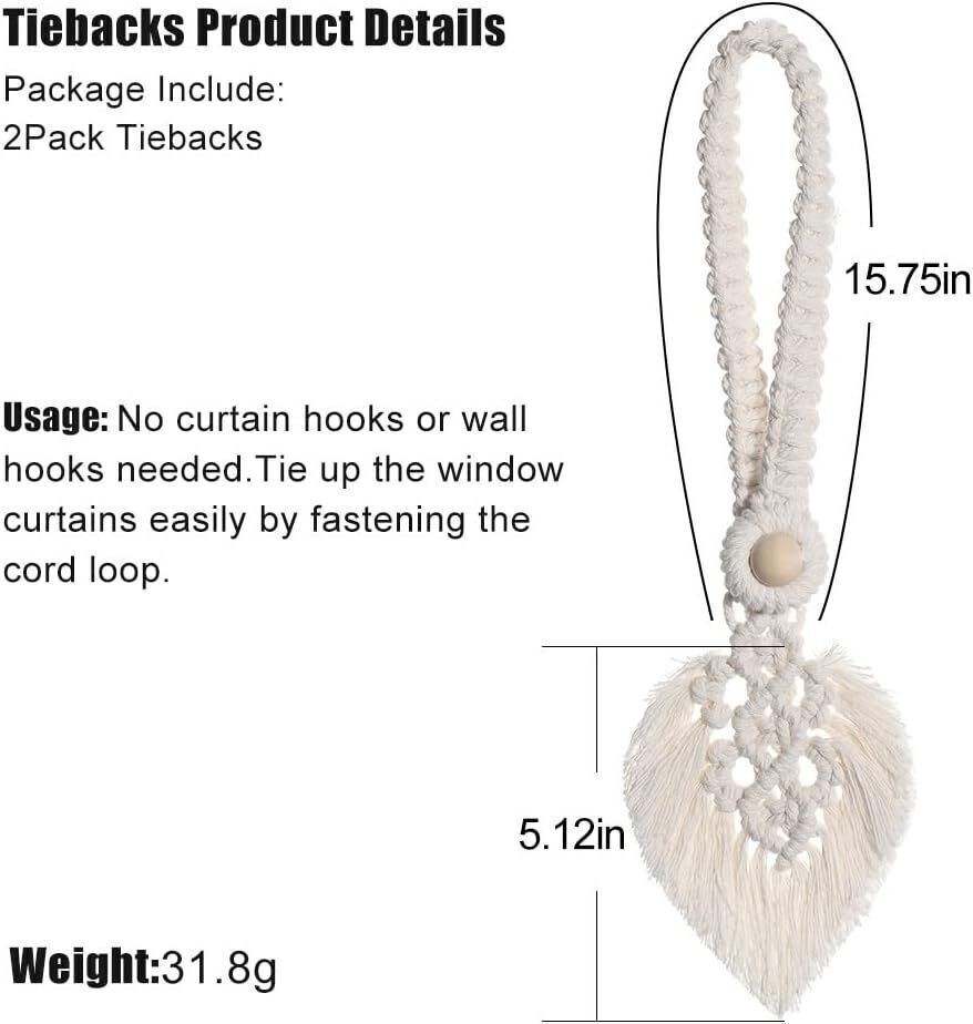 2Pcs Macrame Hand Woven Leaf Tassel Curtain Tie Backs Rope Holdbacks Boho Decor