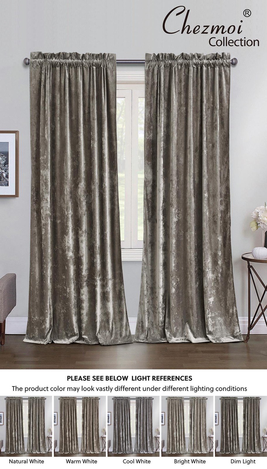 Chezmoi Collection Lux Velvet Curtains Set Rod Pocket Drapes, Set of 2 Panels