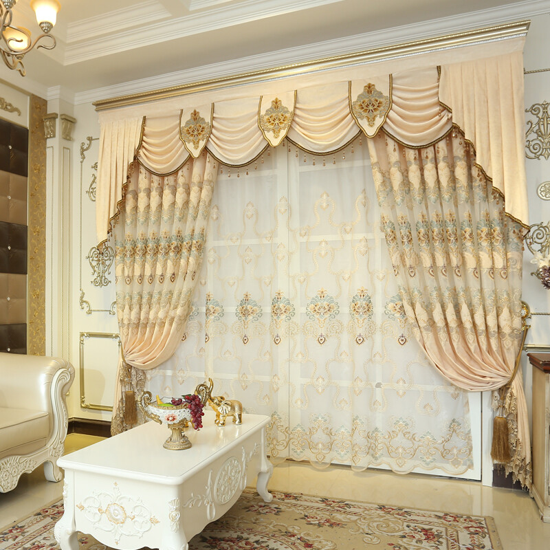 Custom Chenille embroidered beige cloth curtain tulle valance drape C1297