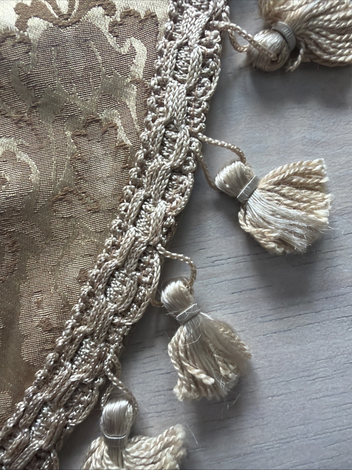 Damask Window Valances Gold Beige Tassel Fringe 37×27” Elegant Panels Set of 4