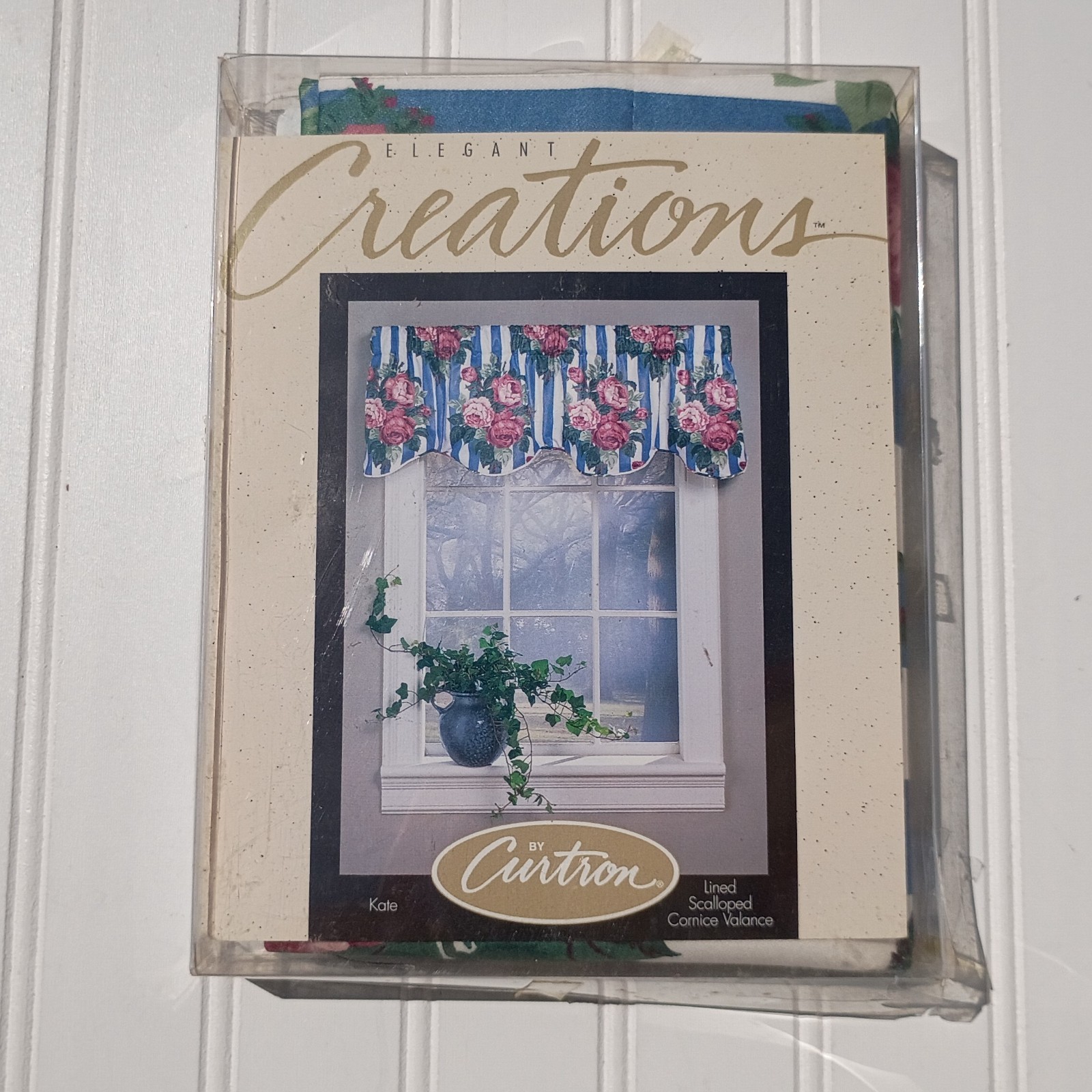 CURTRON Curtain Valance Elegant Creations Scalloped Kate Rose Blue Stripe 90s
