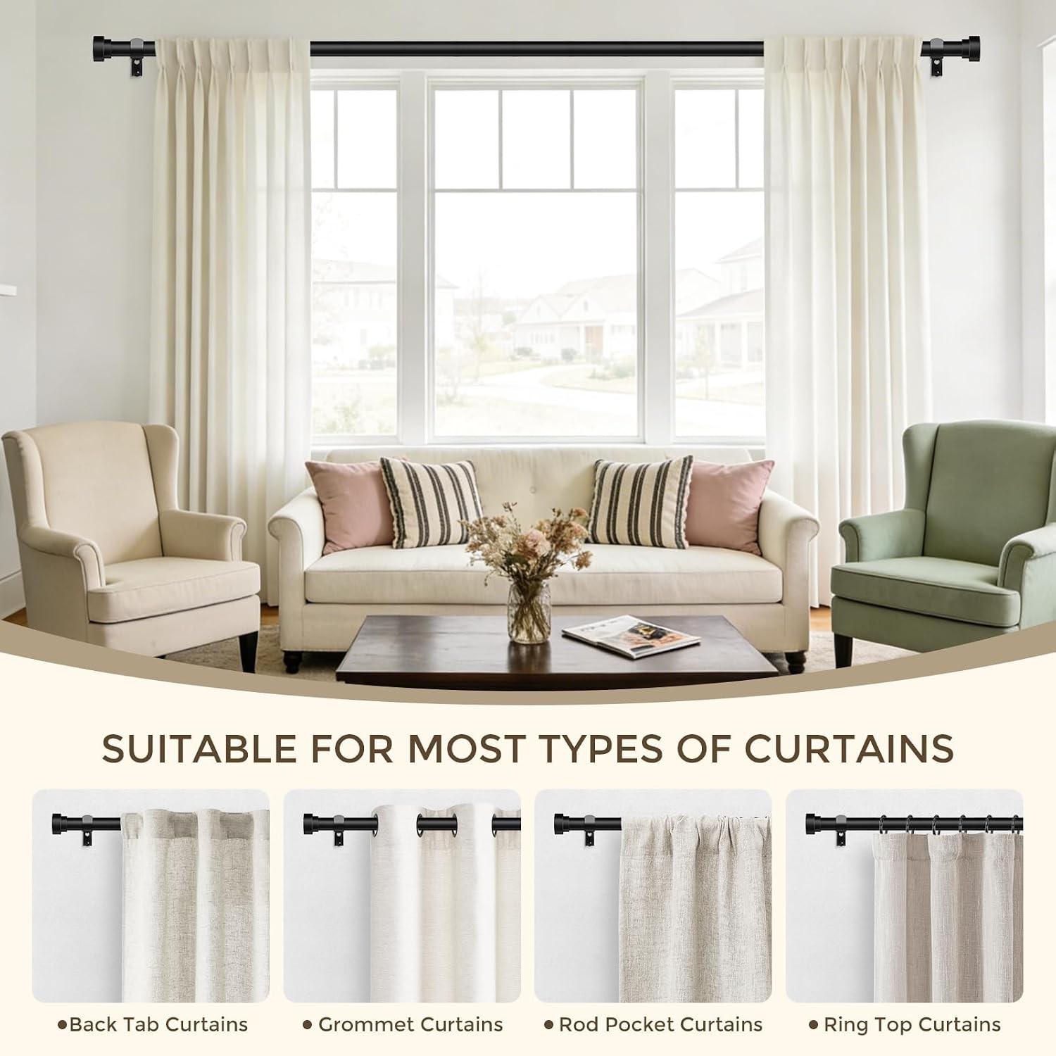 Extra Long Curtain Rods 120 to 240 Inch(10-20ft),Adjustable Curtain Rod,Black