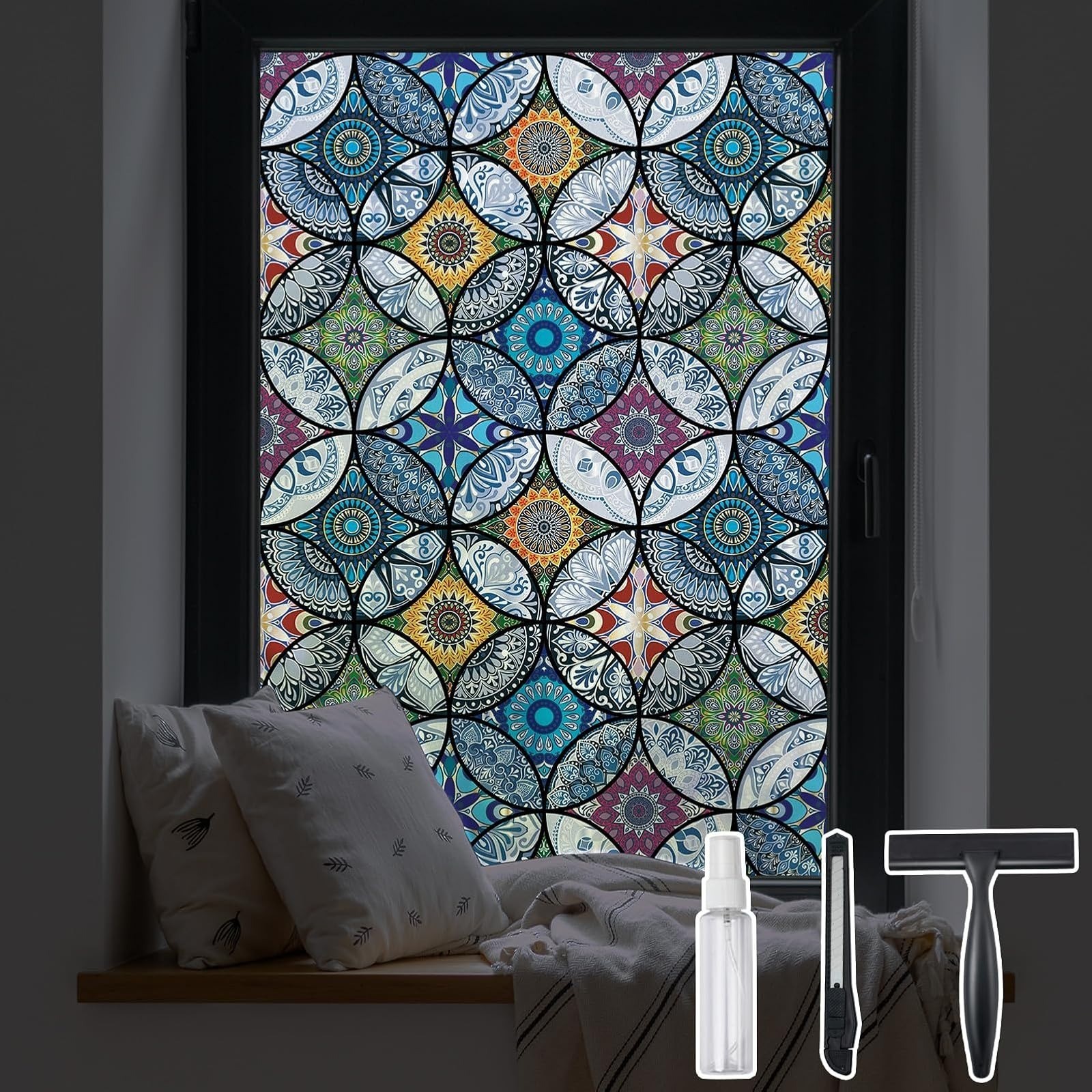 DKTIE Stained Glass Window Film 17.7″ x 78.7″ Non-Adhesive Privacy