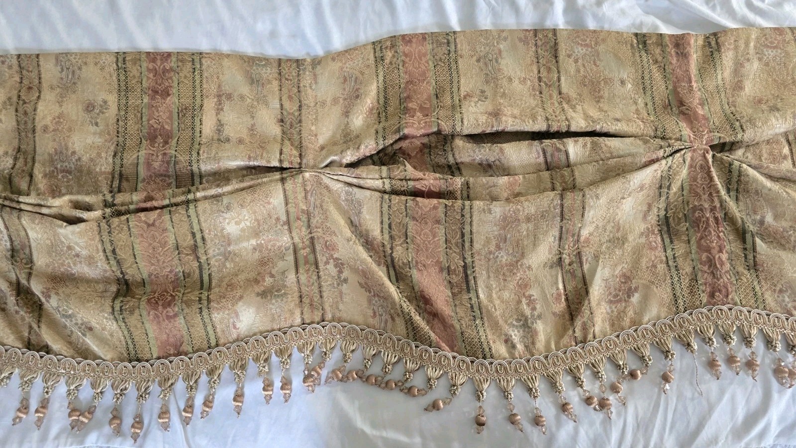 Croscil Beaded Window Valance 2 Panels Waterfall Scalloped 82×17 Damask Brocade